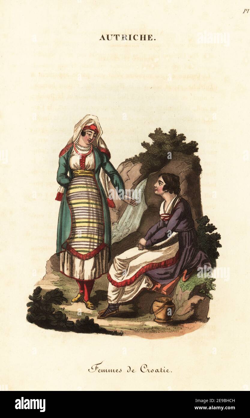 Costume of Croatian women, 18th century. One wears a white veil with red border and fringe, striped oval apron, red stockings and yellow shoes. The other wears her hair uncovered, oval apron and sandals. Femmes de Croatie. Handcoloured copperplate engraving after an illustration by William Alexander from J-B. Eyries’ L'Autriche: Costumes, Moeurs et Usages des Autrichiens, Austria: Costumes, Manners and Mores of the Austrians, Librairie de Gide Fils, Paris, 1823. Jean-Baptiste Eyries (1767-1846) was a French geographer, author and translator. Stock Photo