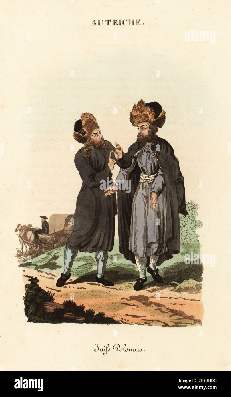 Costume of Polish Jews, 18th century. They wear long beards and winter clothes of fur-trimmed hats and long robes. Behind them, a man in black hat and robes drives a loaded waggon. Juifs Polonais. Handcoloured copperplate engraving after an illustration by William Alexander from J-B. Eyries’ L'Autriche: Costumes, Moeurs et Usages des Autrichiens, Austria: Costumes, Manners and Mores of the Austrians, Librairie de Gide Fils, Paris, 1823. Jean-Baptiste Eyries (1767-1846) was a French geographer, author and translator Stock Photo