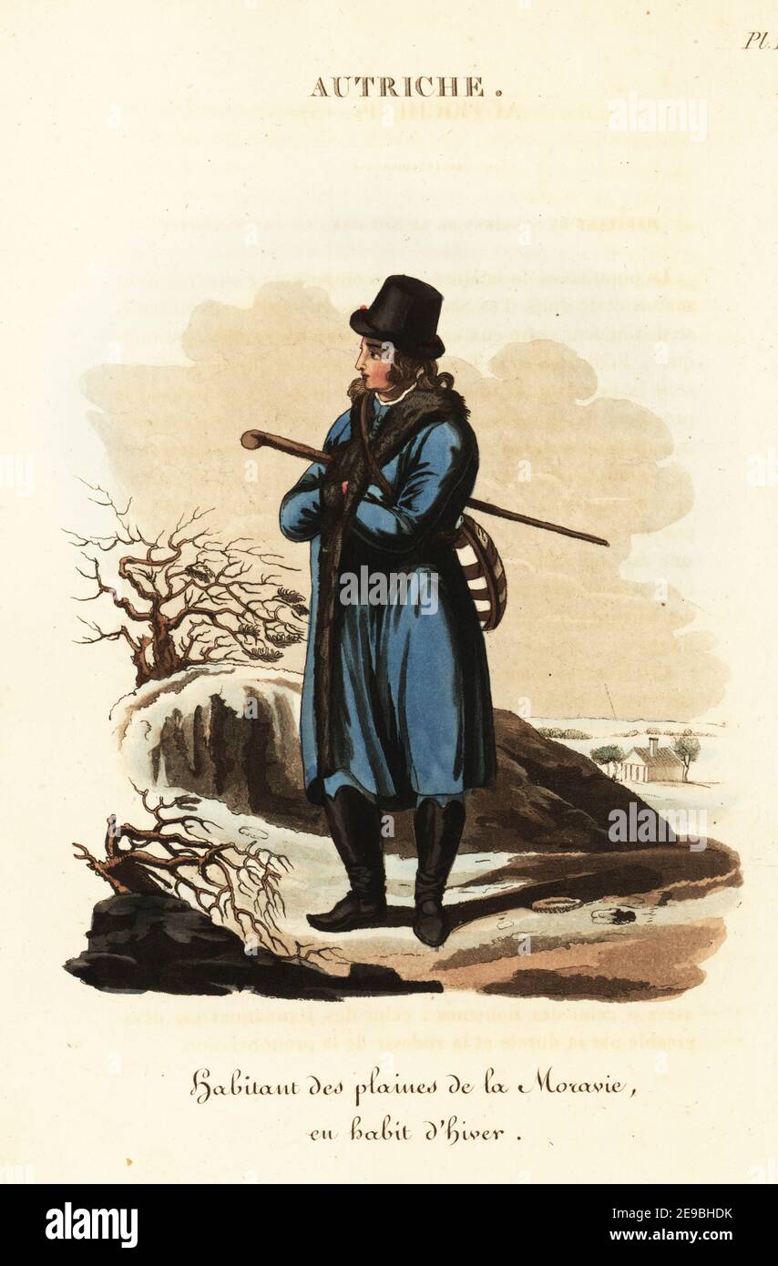 Moravian man in winter garb, Czech Republic, 18th century. He wears an English style hat, fur-lined blue cloak, Hungarian half boots. Man of the lowlands of Moravia in winter dress, Habitant des plaines de la Moravie en habit d'hiver. Handcoloured copperplate engraving after an illustration by William Alexander from J-B. Eyries’ L'Autriche: Costumes, Moeurs et Usages des Autrichiens, Austria: Costumes, Manners and Mores of the Austrians, Librairie de Gide Fils, Paris, 1823. Jean-Baptiste Eyries (1767-1846) was a French geographer, author and translator. Stock Photo