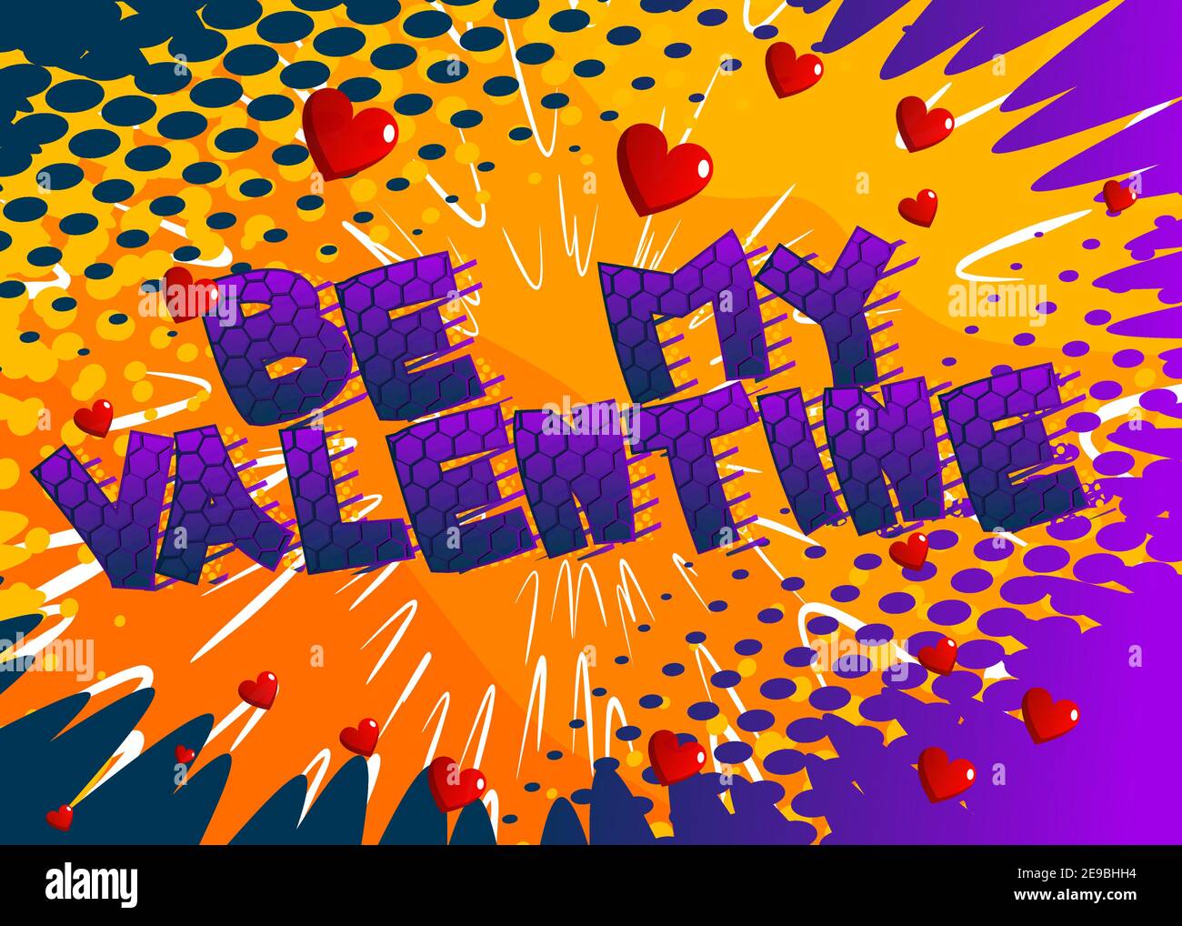 Comic book Be My Valentine greeting card on cartoon background. Comic