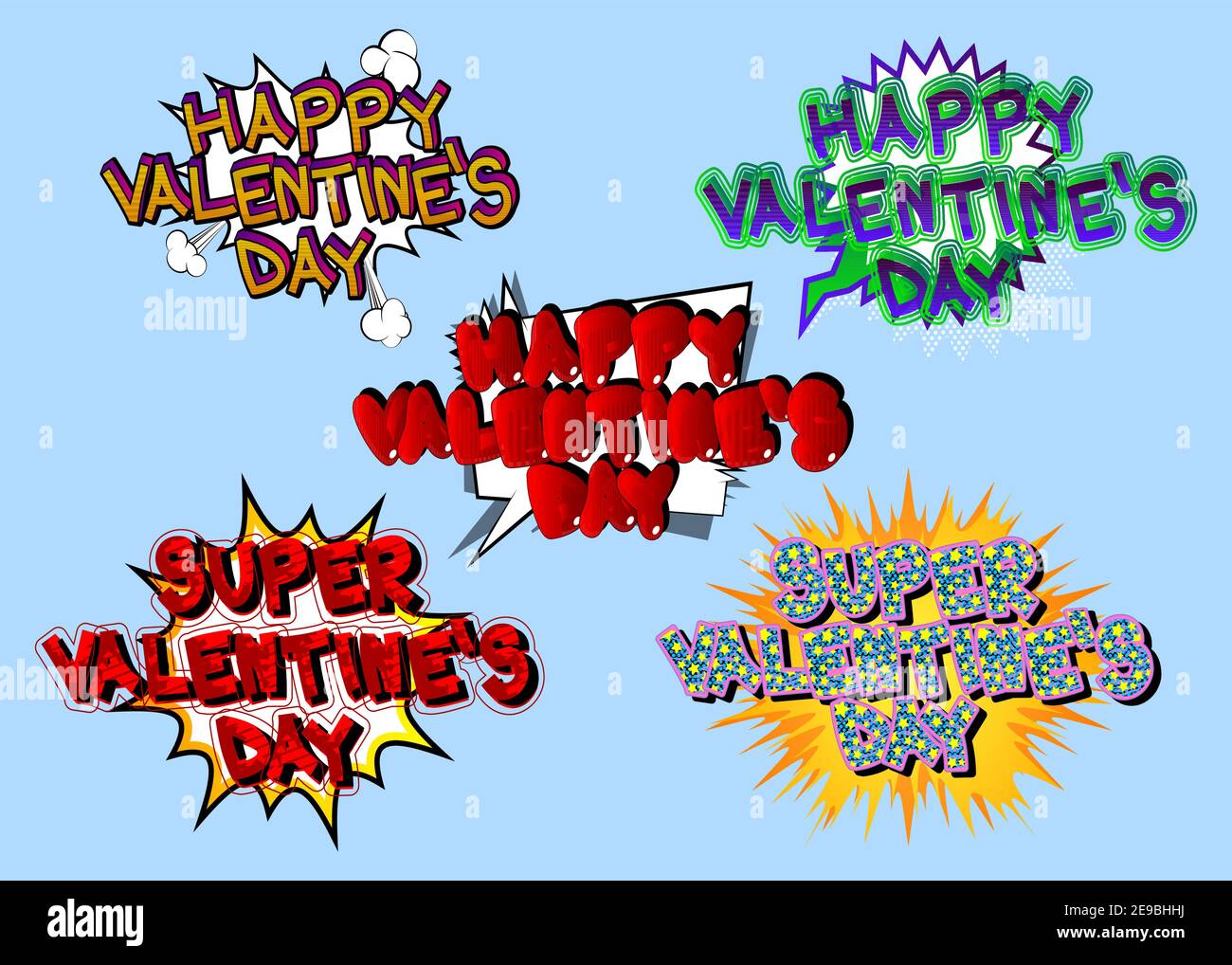 Set of comic book Valentine's Day greeting icons on cartoon explosion