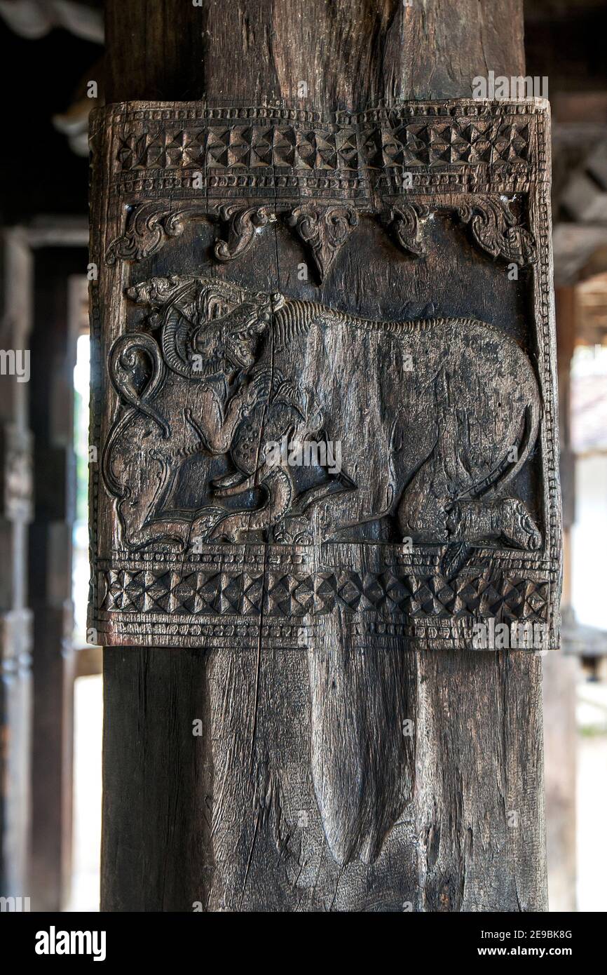 An ancient carving depicting a lion fighting an elephant on one of the wooden pillars in the digge at Embekke Devale near Kandy in central Sri Lanka. Stock Photo