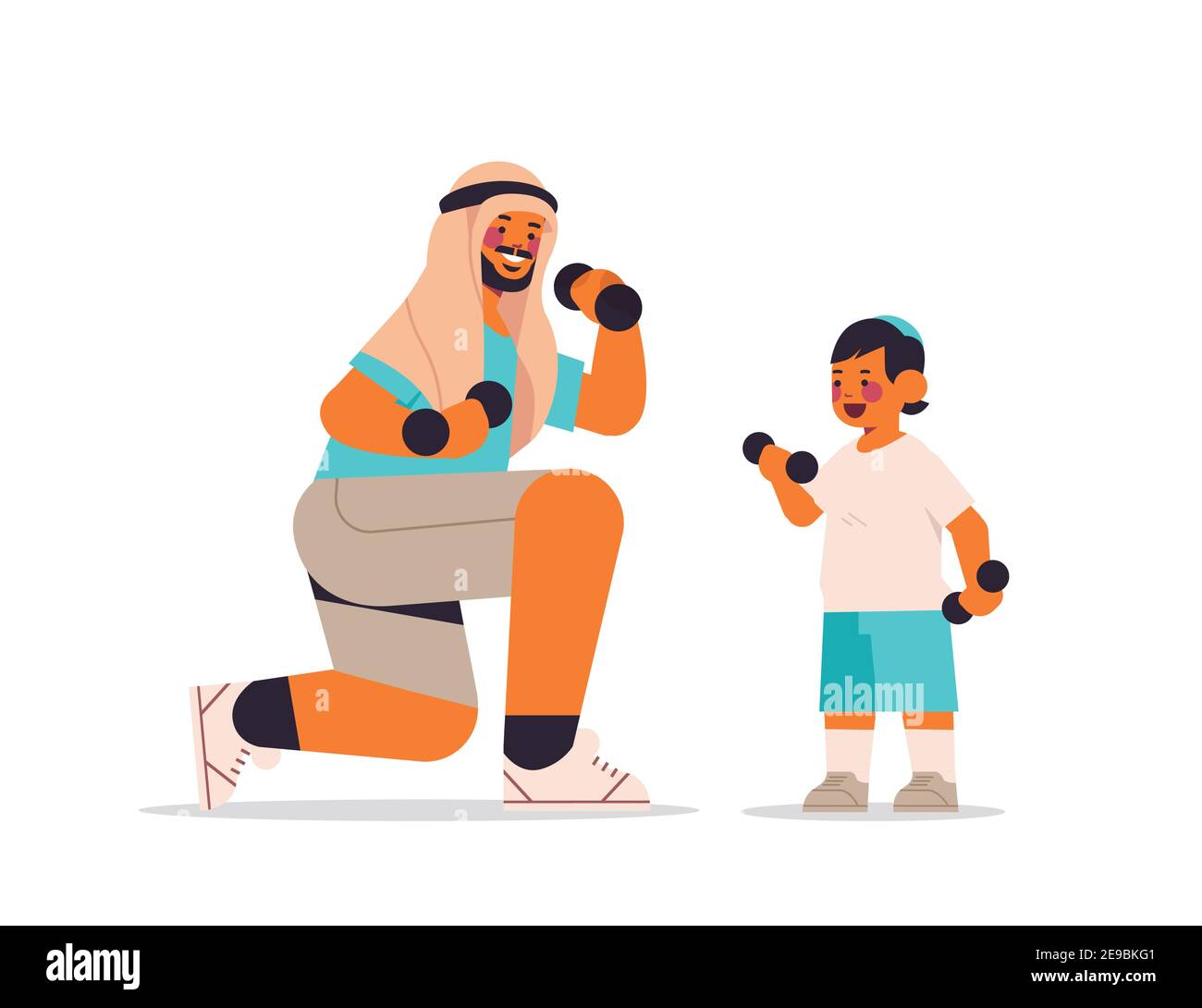 young arab father and son doing physical exercises with dumbbells parenting fatherhood concept dad spending time with his kid full length horizontal vector illustration Stock Vector