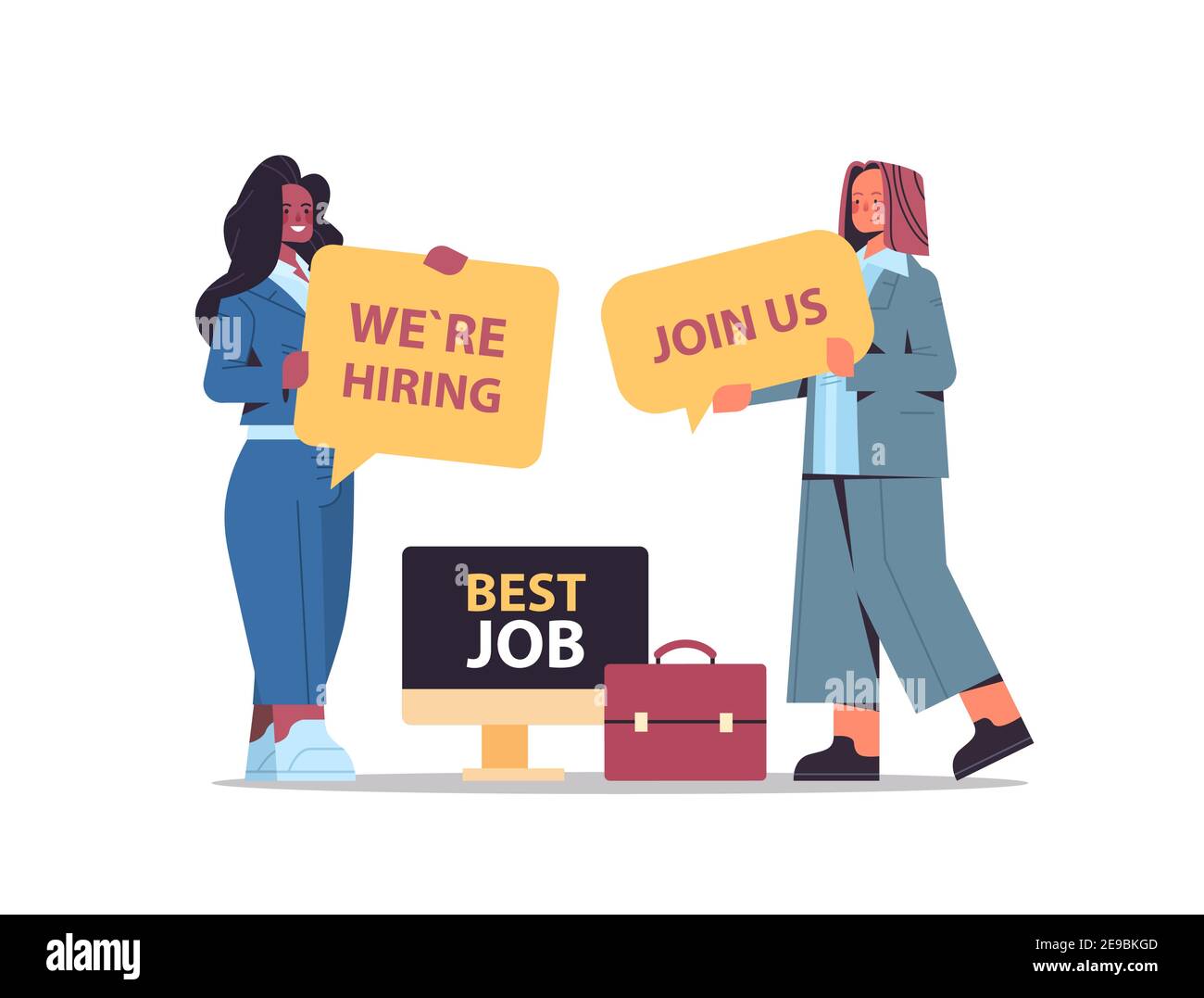 mix race businesswomen hr managers holding we are hiring join us posters hr vacancy open recruitment human resources concept full length vector illustration Stock Vector