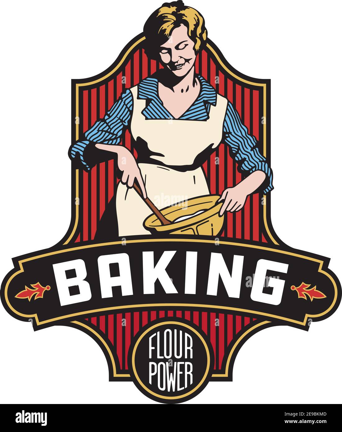 Vintage style baking badge illustration with decorative frame and banner and the phrase flour power. Retro vector drawing of baker mixing in bowl Stock Vector
