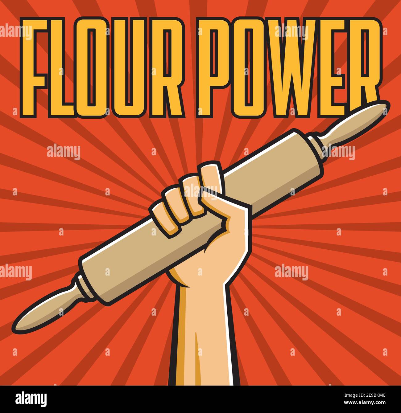 Flour power vector badge or emblem of fist holding rolling pin in the style of Russian constructivist propaganda posters. Stock Vector