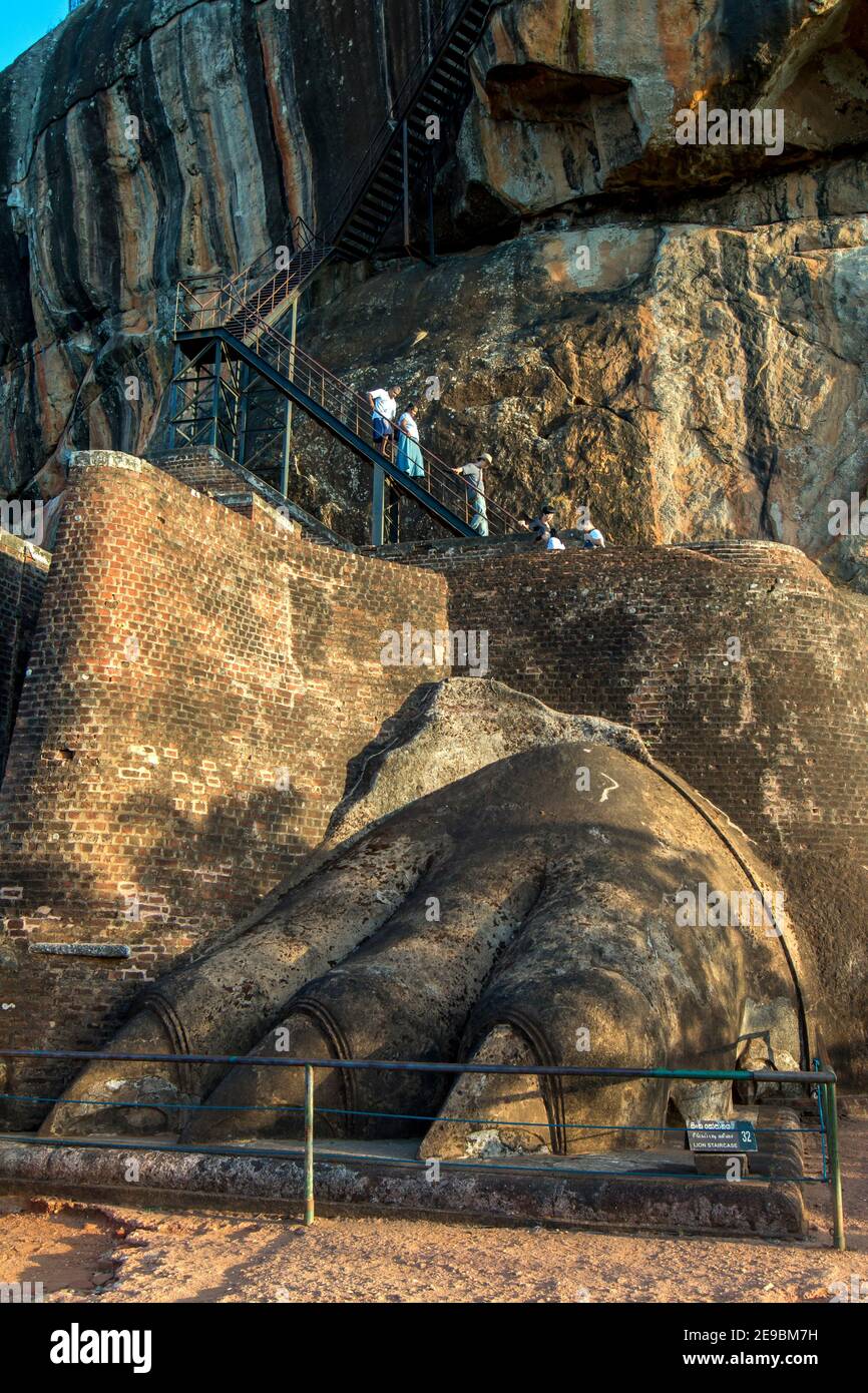 One of the giant stone carved Lion Paws located on the Lion Platform at Sigiriya Rock Fortress at Sigiriya in central Sri Lanka. Stock Photo