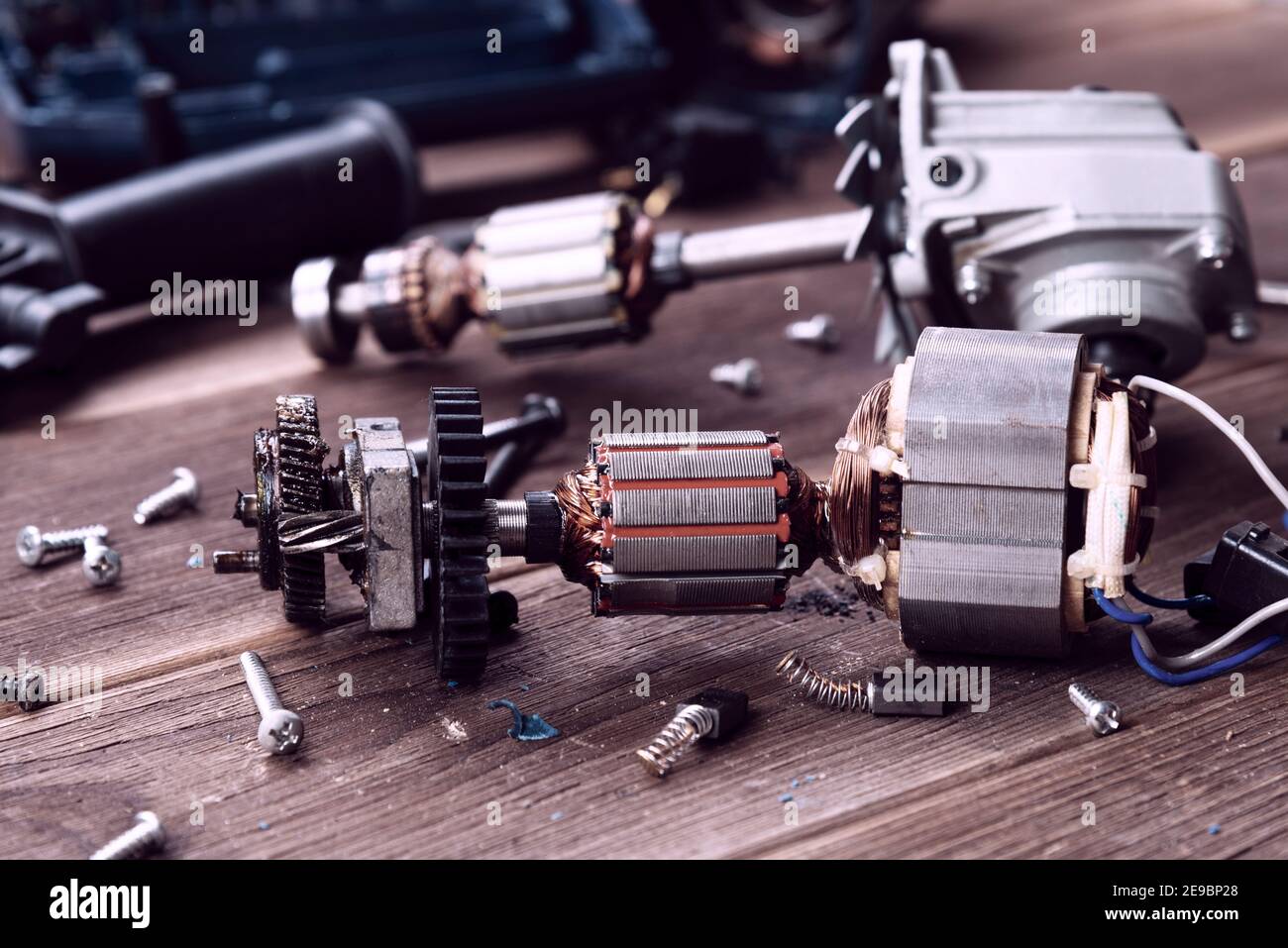 Power tool repair. Details of electrical appliance and repair tools on