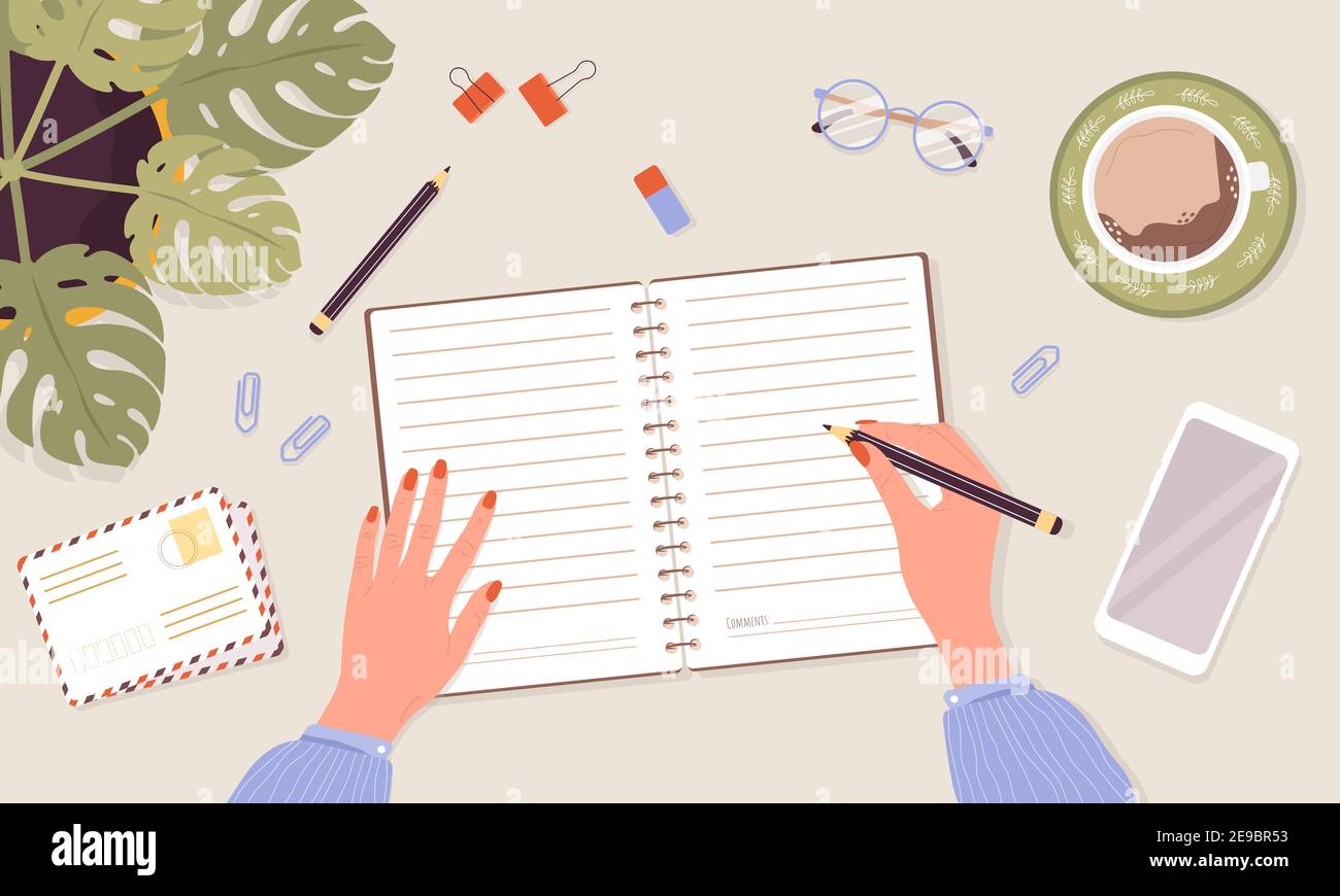 Open diary, planner or notebook concept. Woman write journal. Top view workplace with lists