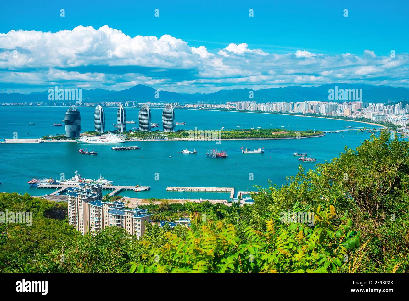 Sanya, Hainan paradise island. Aerial view of Phoenix Island from Luhuitou Park. Sanya bay. Popular Chinese resort. Stock Photo