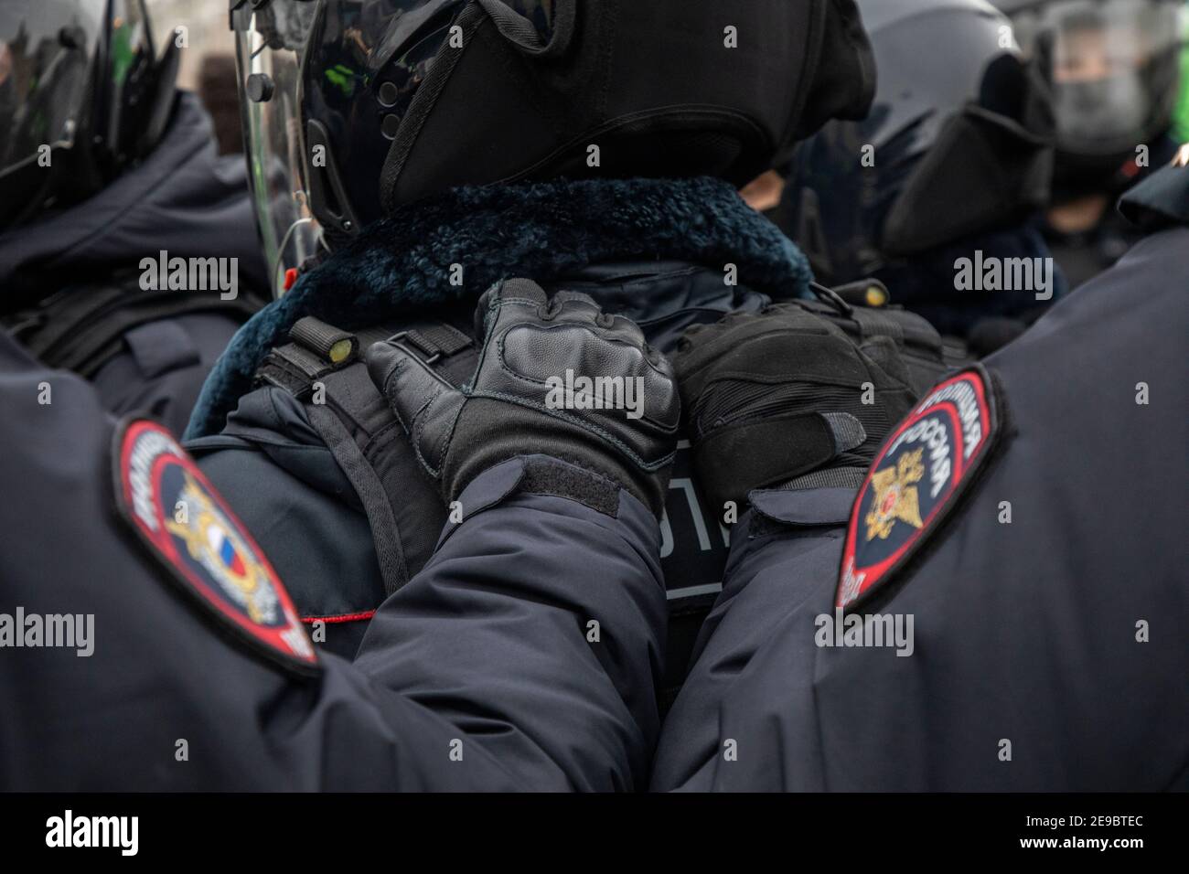 Moscow, Russia. 23rd of January, 2021 Riot police officers ensure law and order at an unsanctioned rally in support of Russian opposition leader Alexei Navalny at Pushkinskaya Square in Moscow, Russia Stock Photo