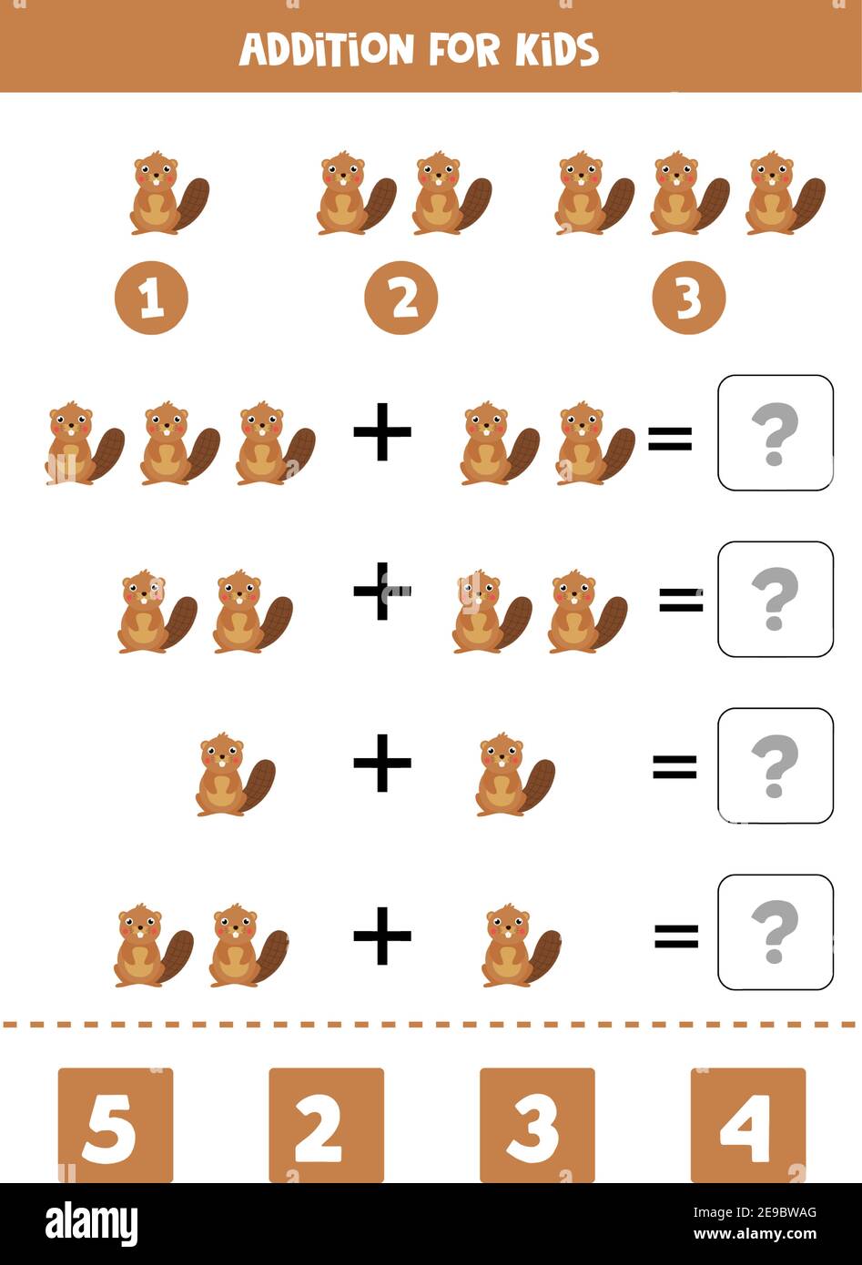 Addition game with cute cartoon beaver. Math game for kids Stock Vector ...