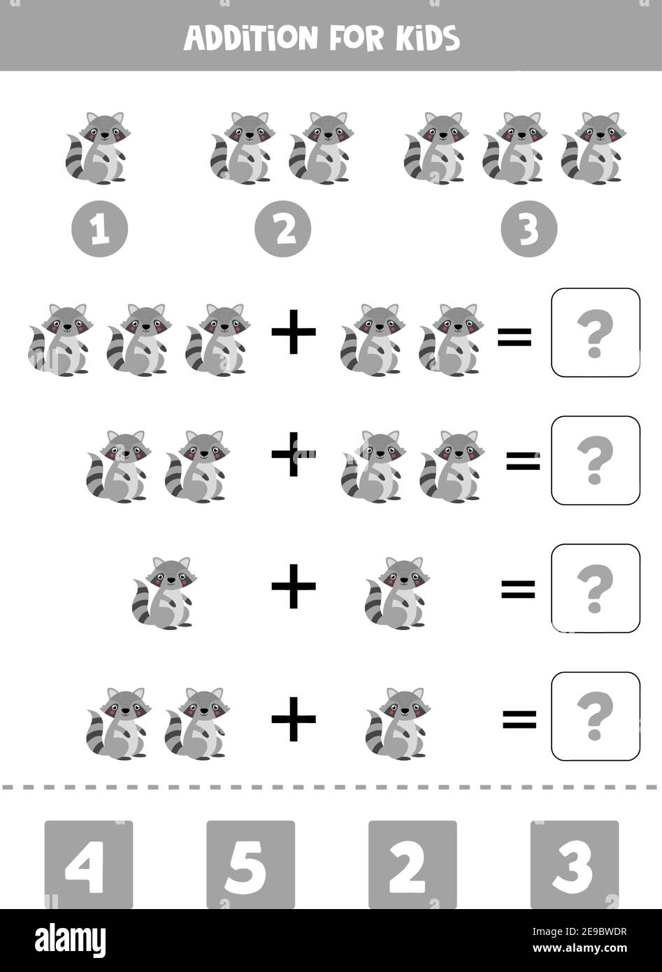 Addition worksheet with cute cartoon raccoon. Math game Stock Vector ...