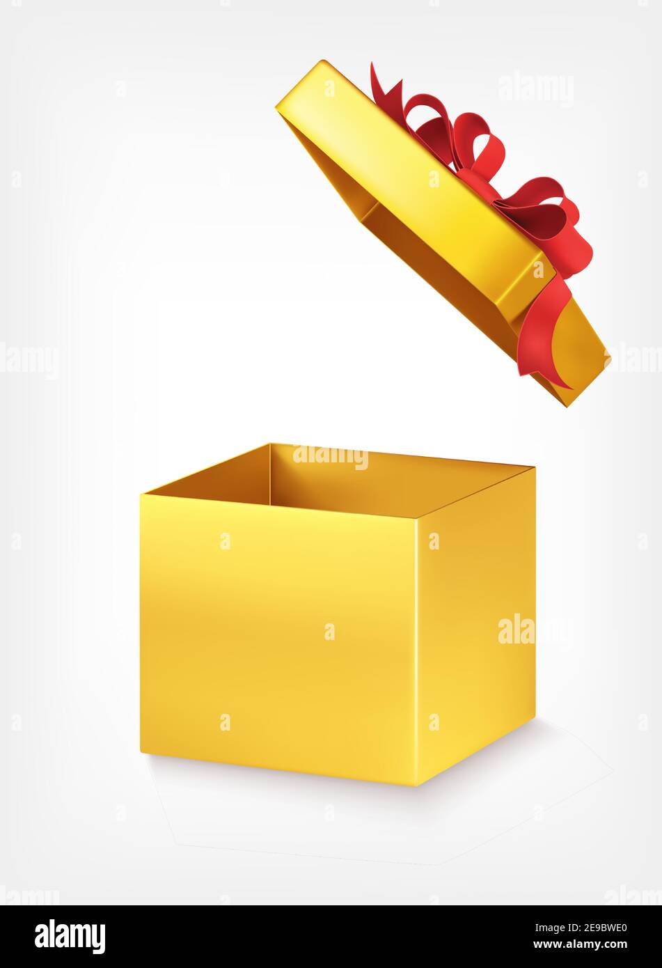 Gold empty gift box with red bow on white background. Open gift box. Sale. 3d realistic vector illustration. Stock Vector