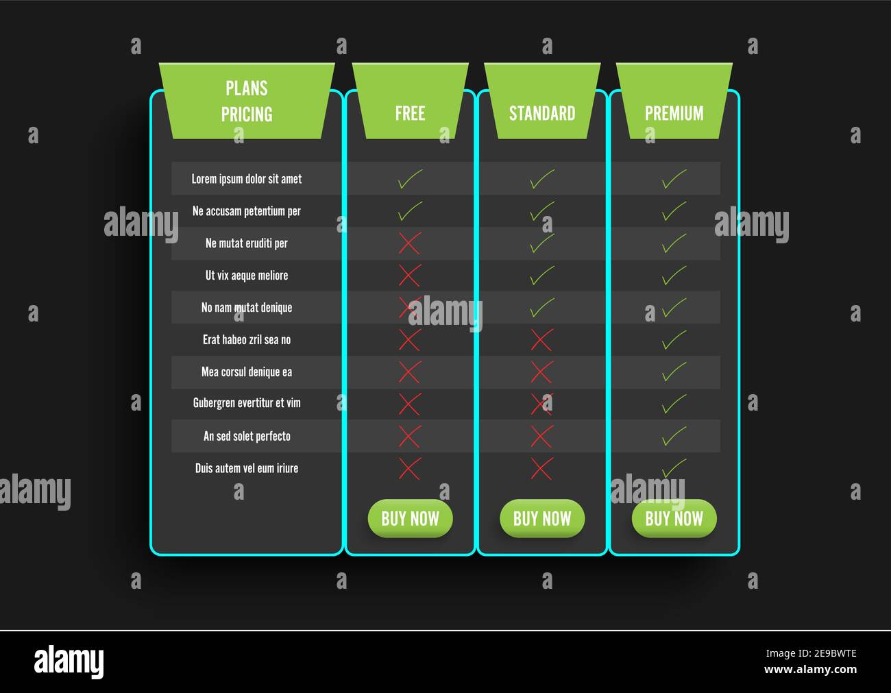 Dark modern pricing table with green recommended option. Comparison pricing list. Comparing price or product plan chart compare products business. Stock Vector