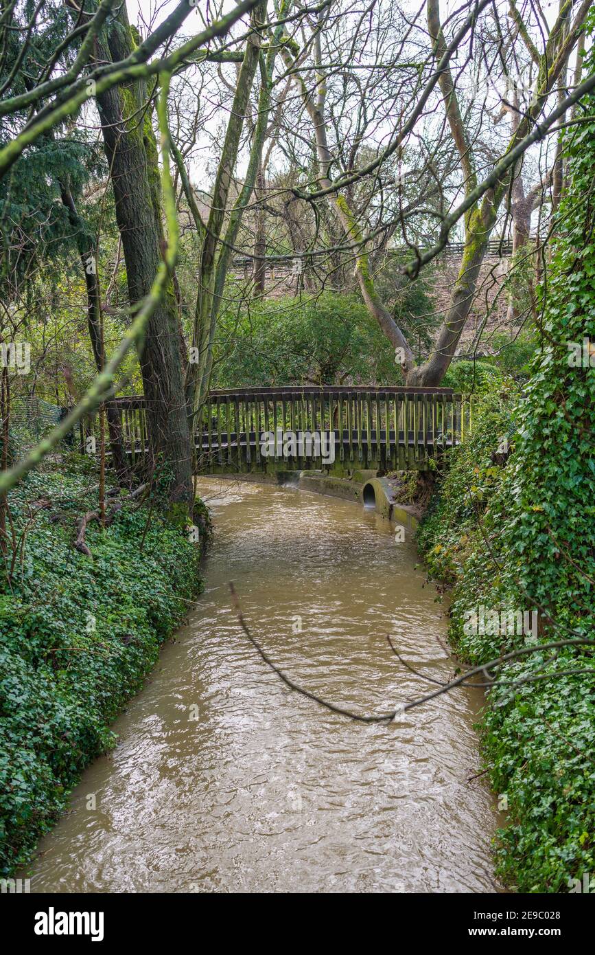 River Pinn running full through Bridge Street Gardens after heavy rain