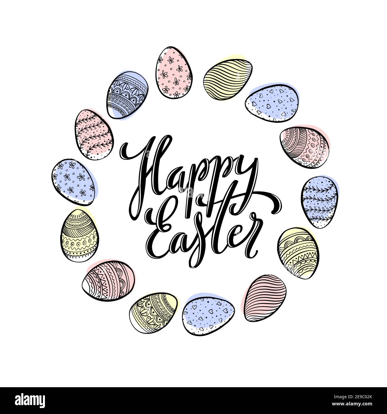 Card template for Happy Easter with hand drawn calligraphy and decorative easter eggs with pattern. Vector illustration. Stock Vector