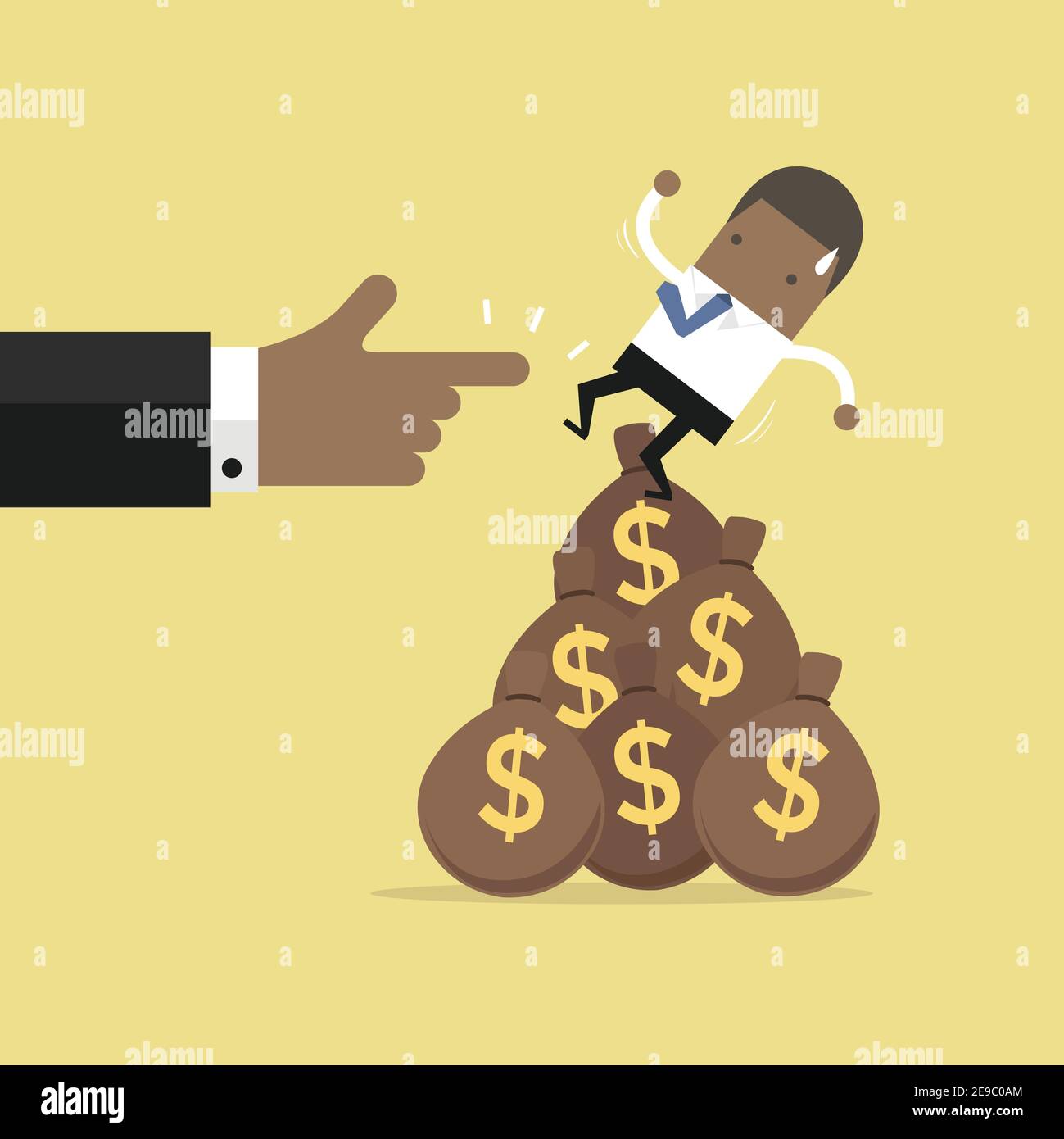 African businessman falling from money bag. Stock Vector