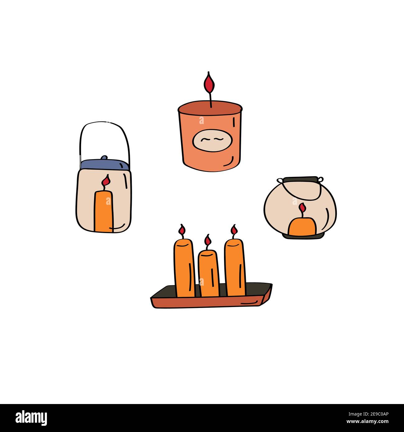 Candle hand drawn set. Interior cozy elements. Flat doodle vector illustration Stock Vector