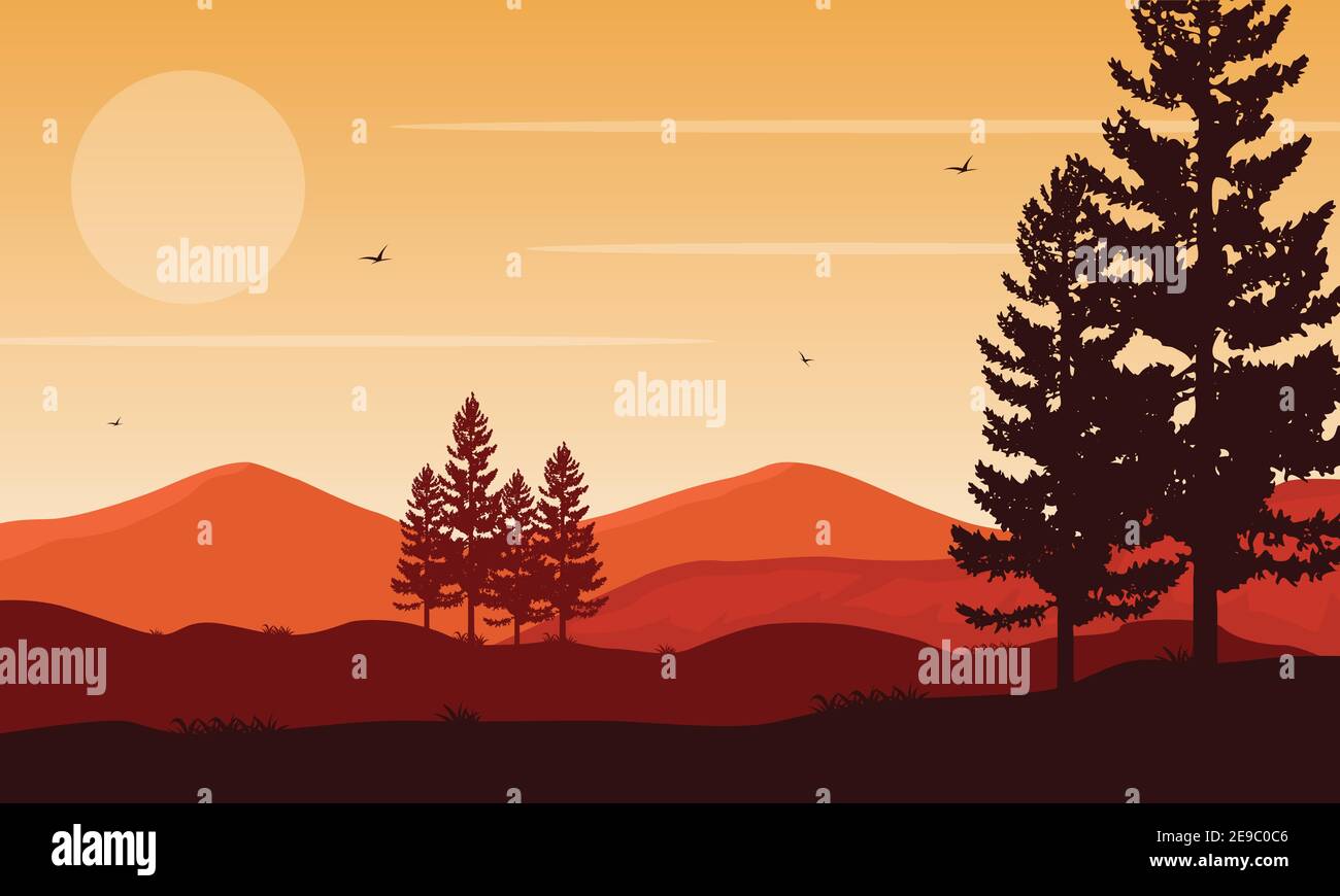 Realistic scenery of mountain landscape with silhouettes of spruce ...