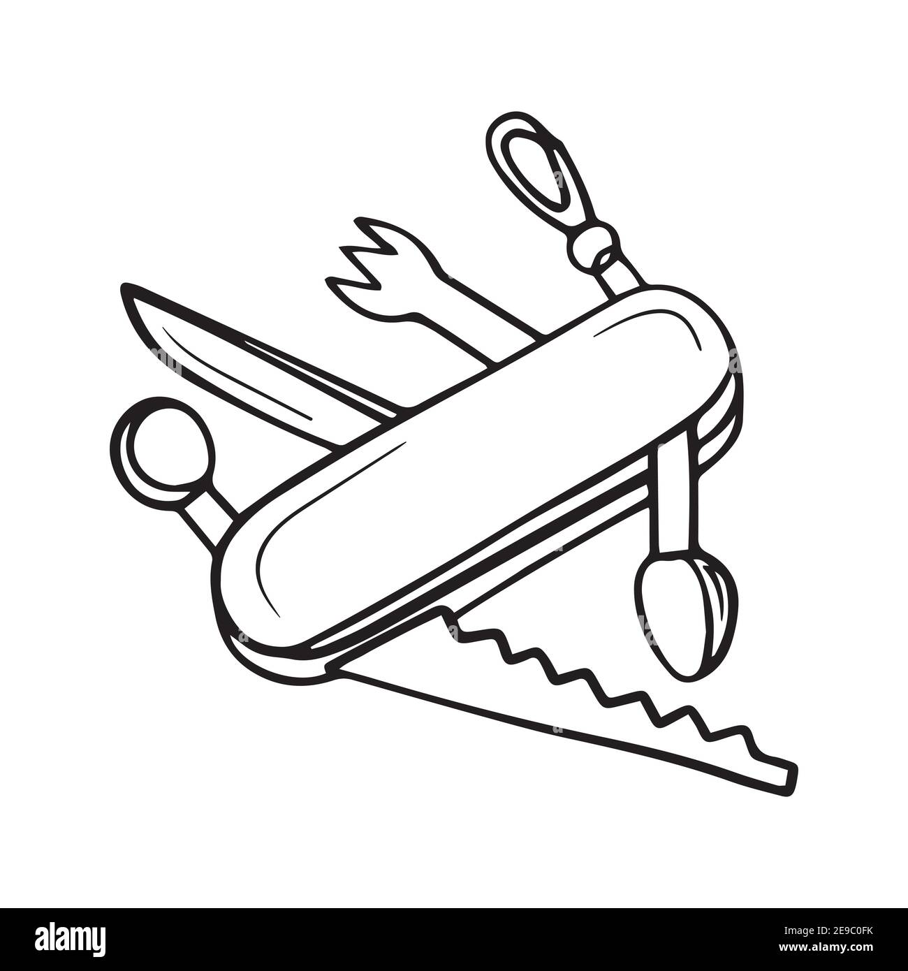 Hand drawn vector icon of small camping travel jackknife. Tourist equipment. Steel pocket knife with folding blade. Stock Vector