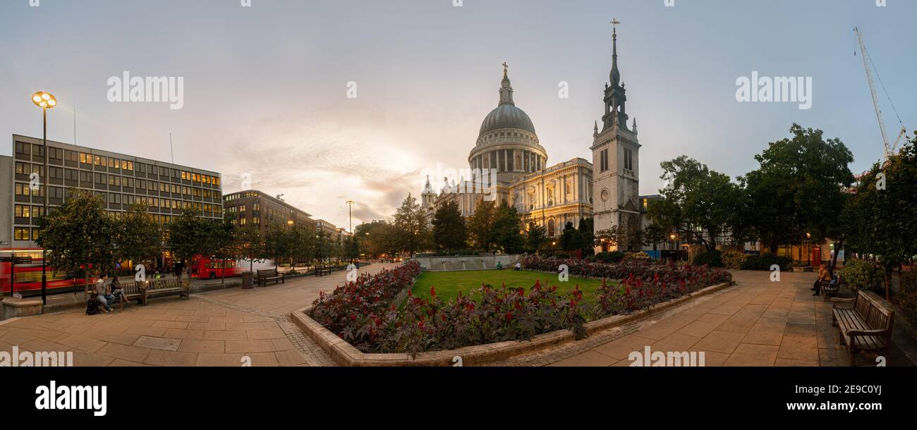 LONDON, UK - SEPTEMBER 21, 2009:  Panorama view of St Paul's Cathedral and the Festival Gardens at Night Stock Photo