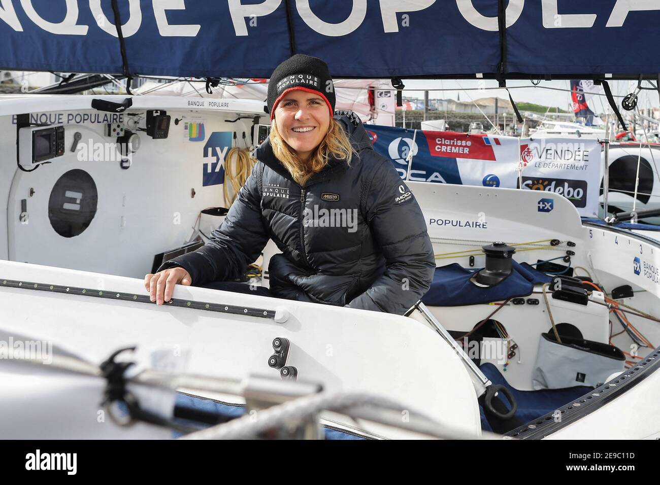 File photo dated October 16, 2020 of Clarisse Cremer poses onboard her  Imoca 60 monohull 'Banque Populaire', in Les Sables-d'Olonne, a few weeks  prior to take the start of the Vendee Globe