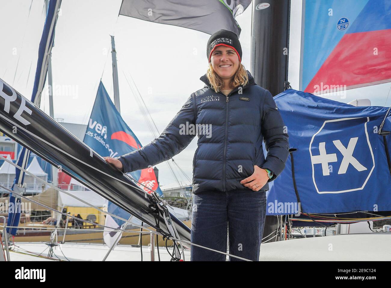 File photo dated October 16, 2020 of Clarisse Cremer poses onboard her  Imoca 60 monohull 'Banque Populaire', in Les Sables-d'Olonne, a few weeks  prior to take the start of the Vendee Globe