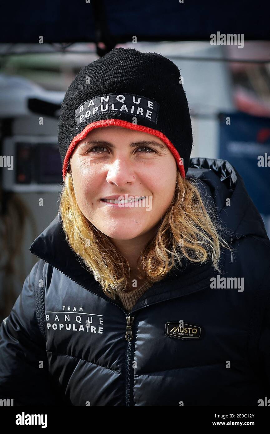 French skipper Clarisse Cremer poses onboard her Imoca 60 monohull 'Banque  Populaire', in Les Sables-d'Olonne on October 16, 2020, a few weeks prior  to take the start of the Vendee Globe around