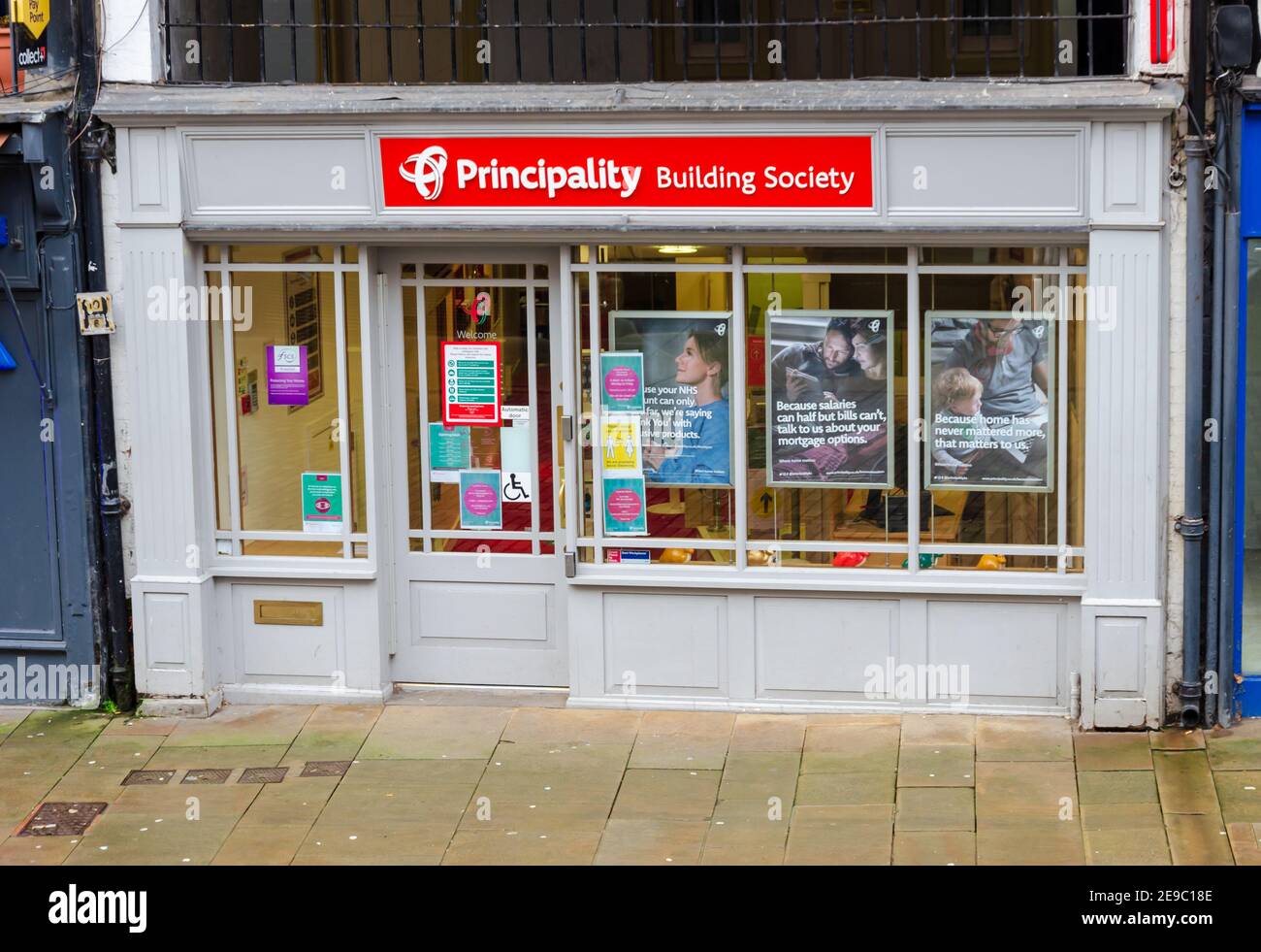 Chester; UK: Jan 29, 2021: The Principality Building Society office remains open during the lockdown. Banks and building societies are classed as esse Stock Photo