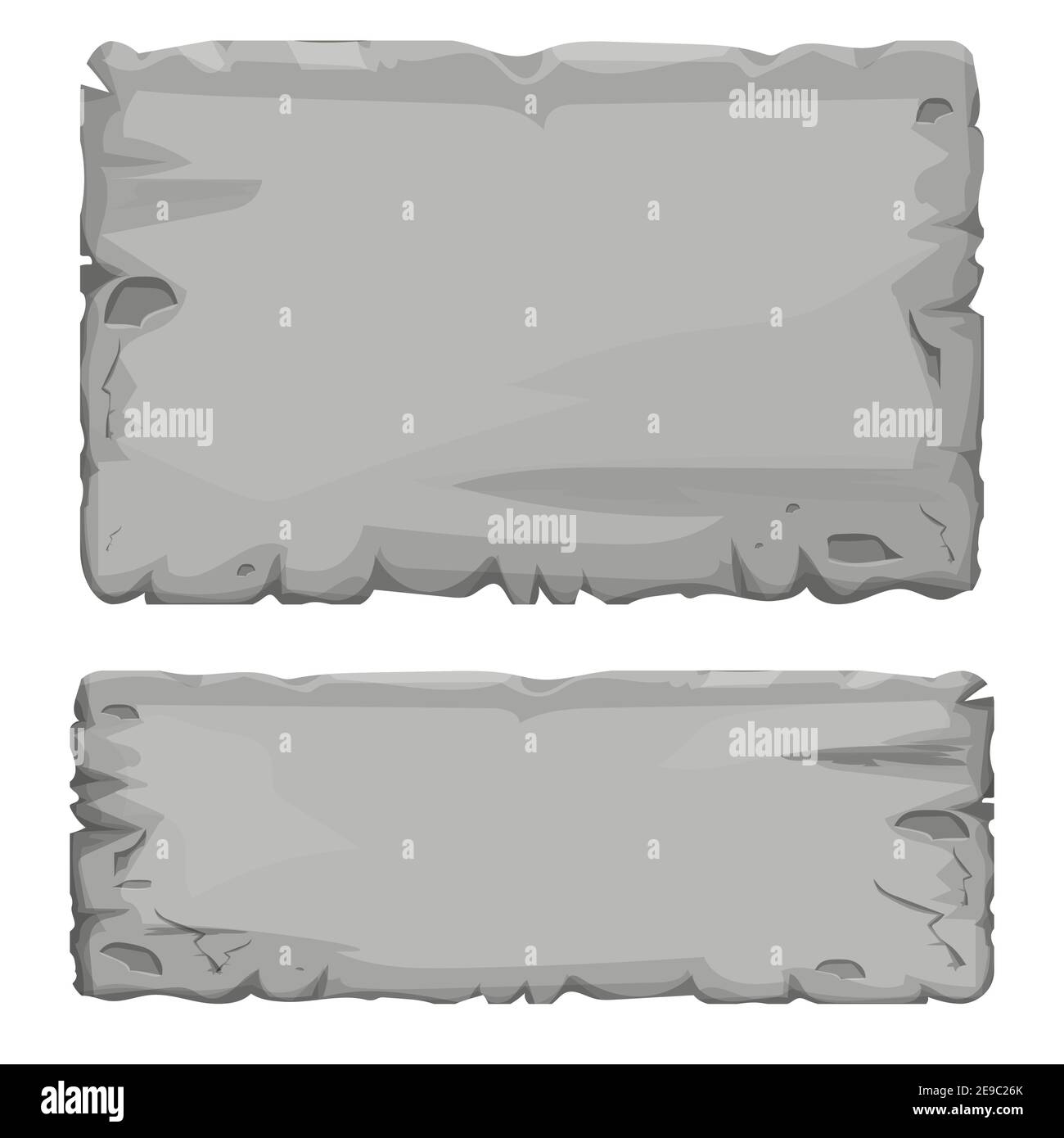 Set of Stone tablet, rock banner with cracked elements in cartoon style isolated on white background. Grey frame, block boulder for interface ui games Stock Vector