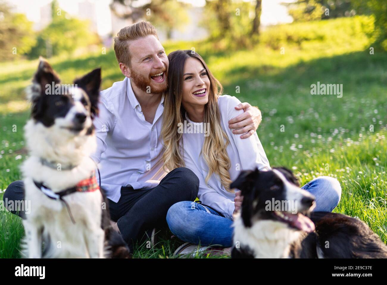 Happy couple playing with dog in the park outdoor Stock Photo - Alamy