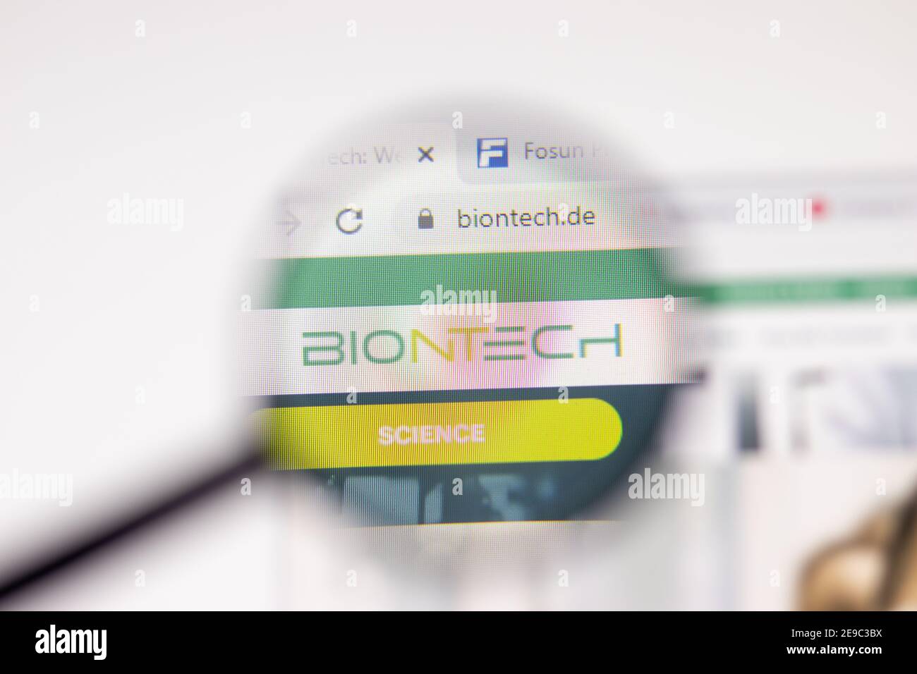 Los Angeles, USA - 1 February 2021: BioNTech website page. BioNTech.de logo on display screen, Illustrative Editorial Stock Photo