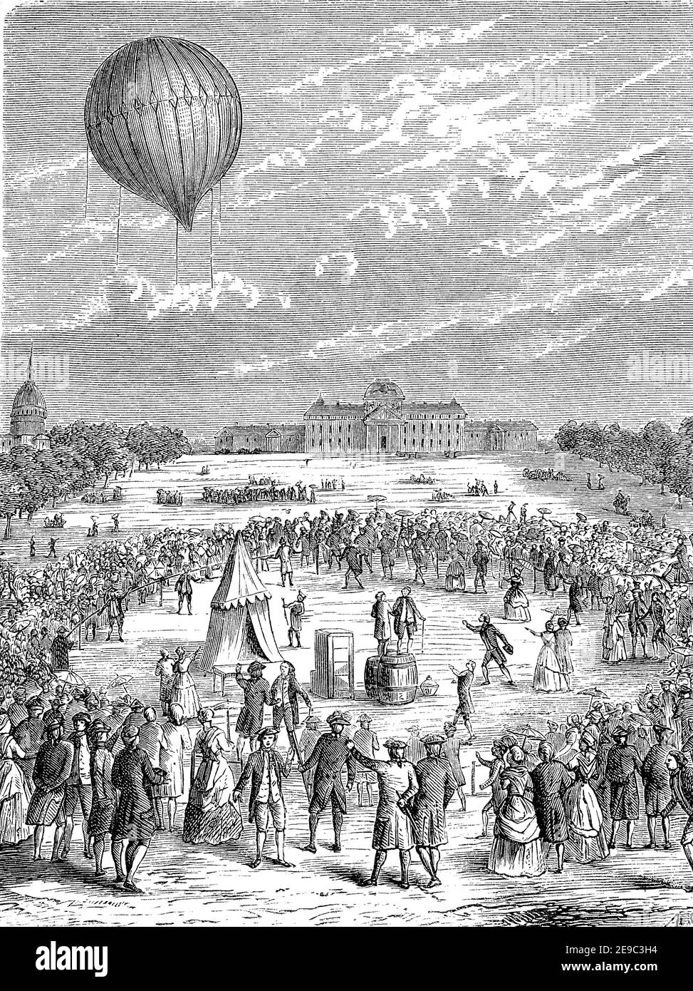 First Hydrogen Balloon flight landing in France print J Chereau 1783 art poster
