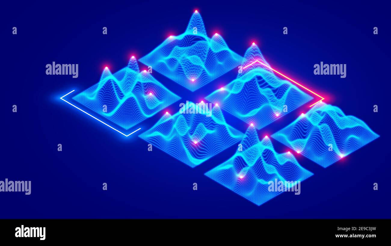 Vector isometric 3d grid surface of data consisting of glowing dots, particles. Big data visualization. Wave grid abstract diagrams of flow digital Stock Vector