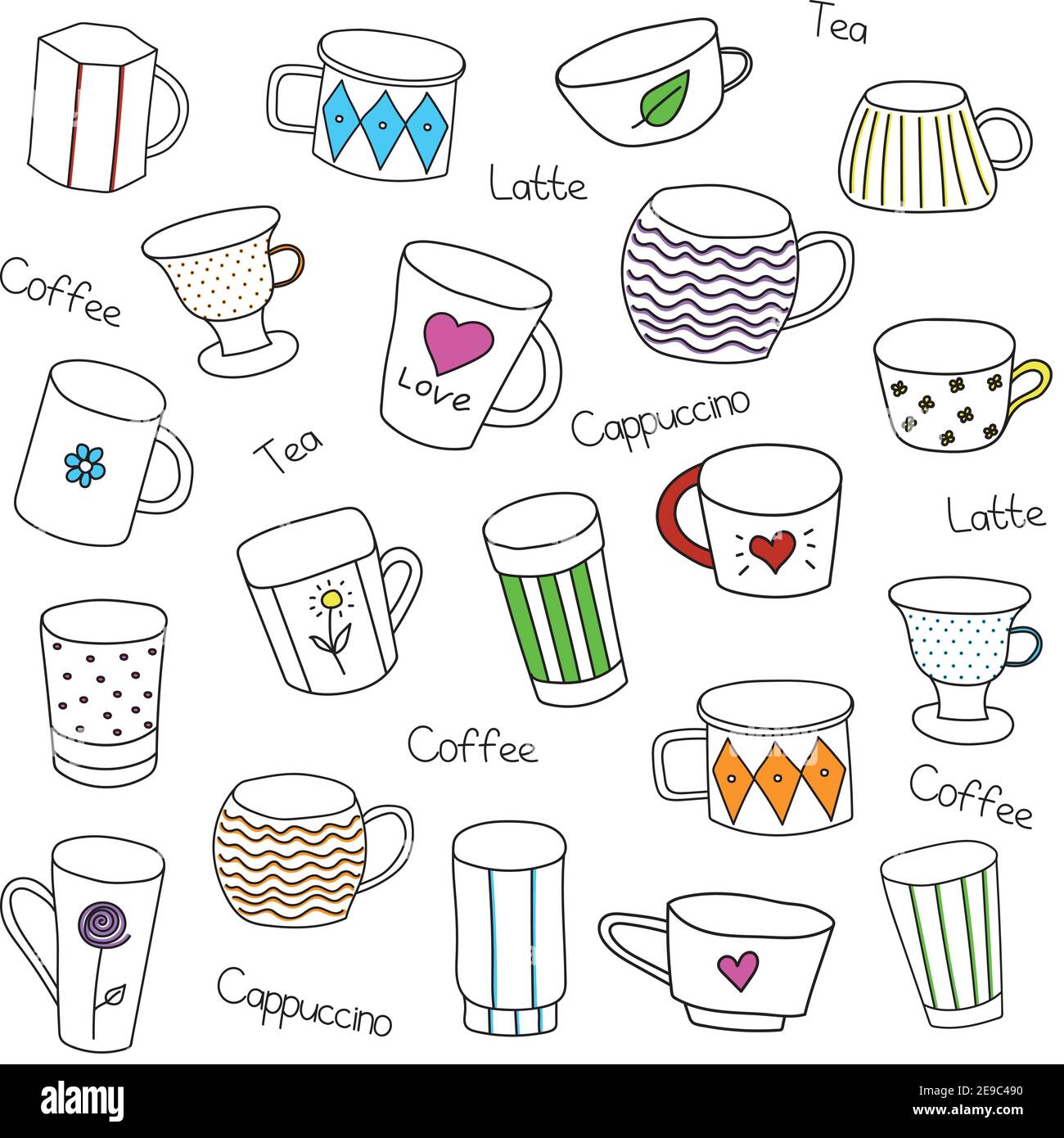Seamless pattern with silhouette tea cups, coffee cups, mugs - vector. Stock Vector