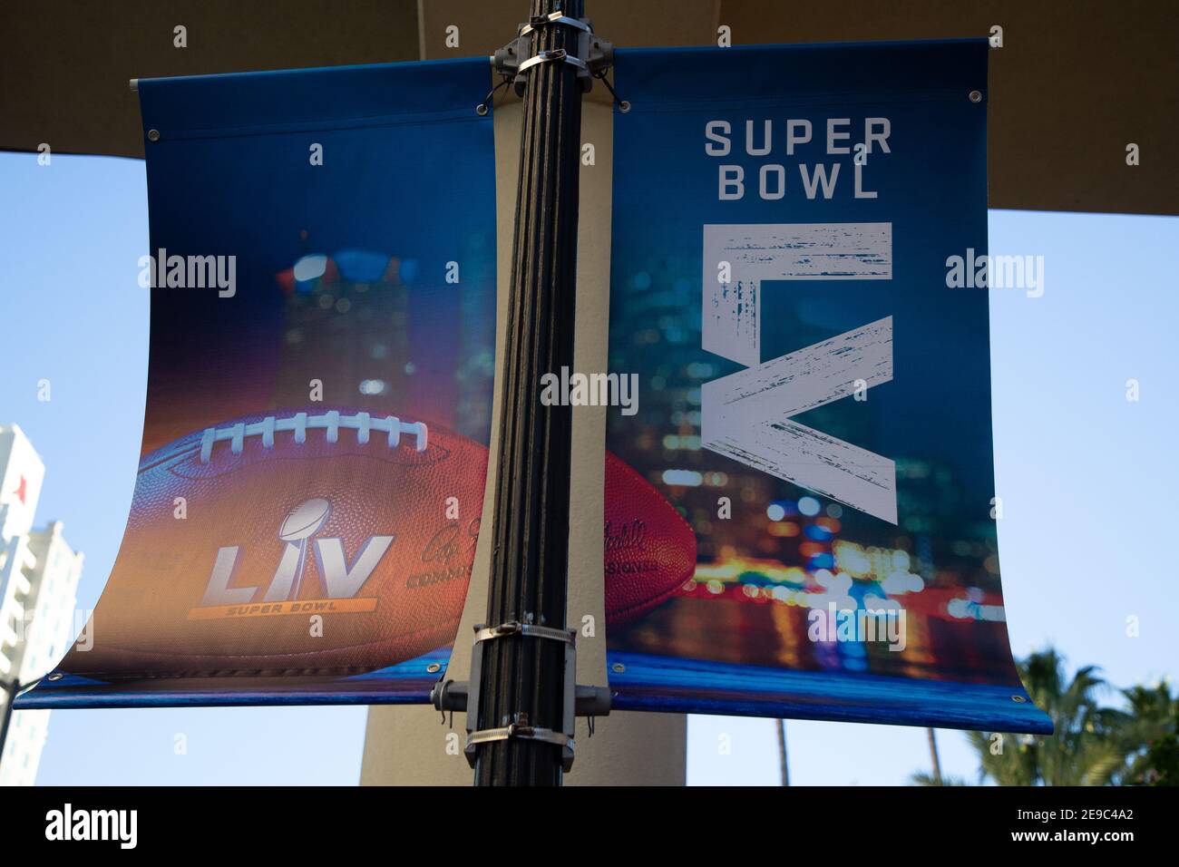 Wednesday, February 3, 2021; Tampa, FL, USA;  A general view of banners hanging at the Super Bowl Experience at Tampa Riverwalk.  The Tampa Bay Buccan Stock Photo
