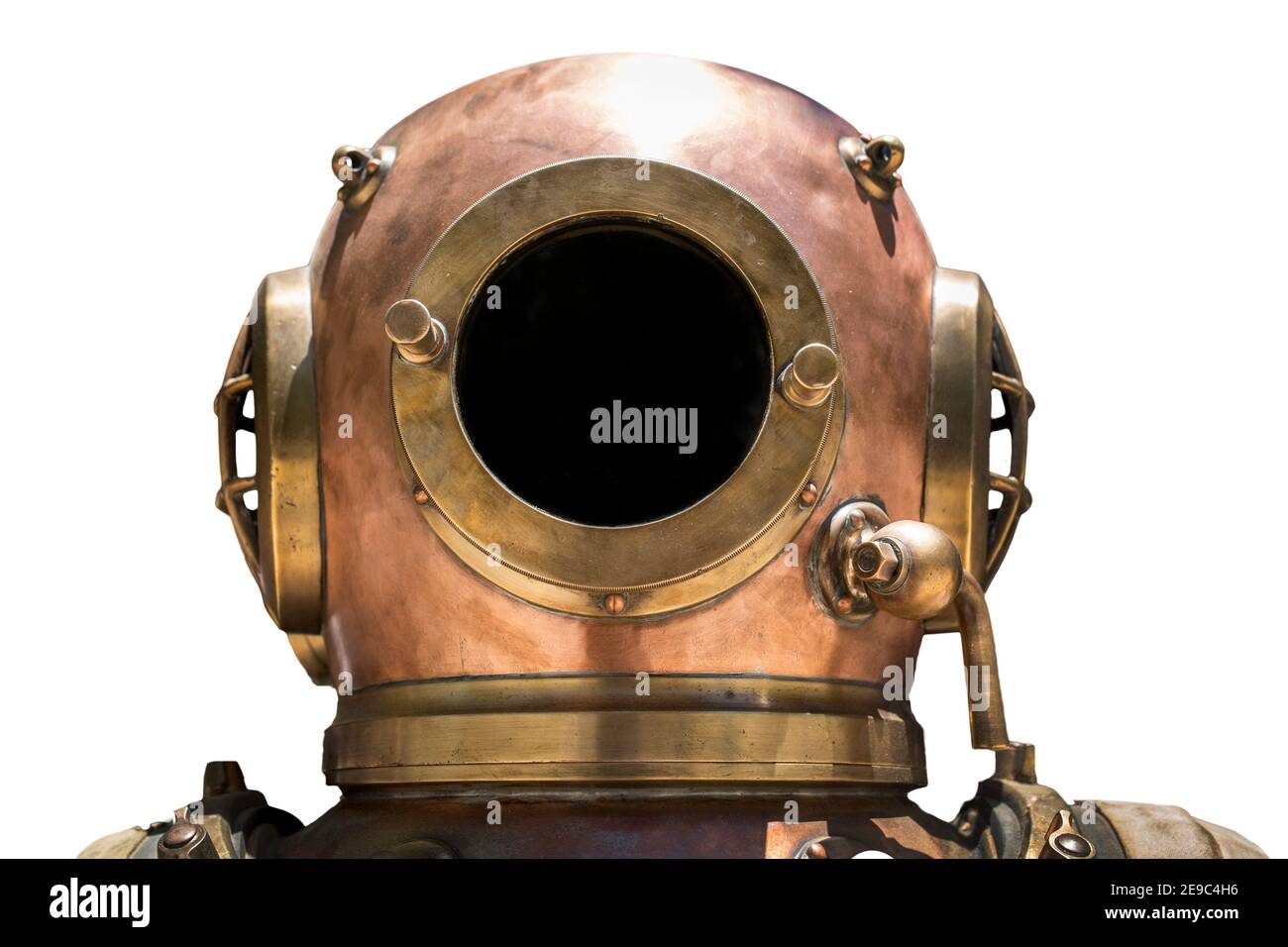 Vintage Copper and brass diving helmet. Isolated. Stock Photo