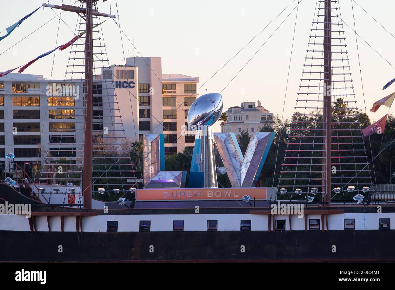 Wednesday, February 3, 2021; Tampa, FL, USA;  A general view of the Super Bowl LV logo aboard the Jose Gasperilla Pirate ship at the Super Bowl Experi Stock Photo