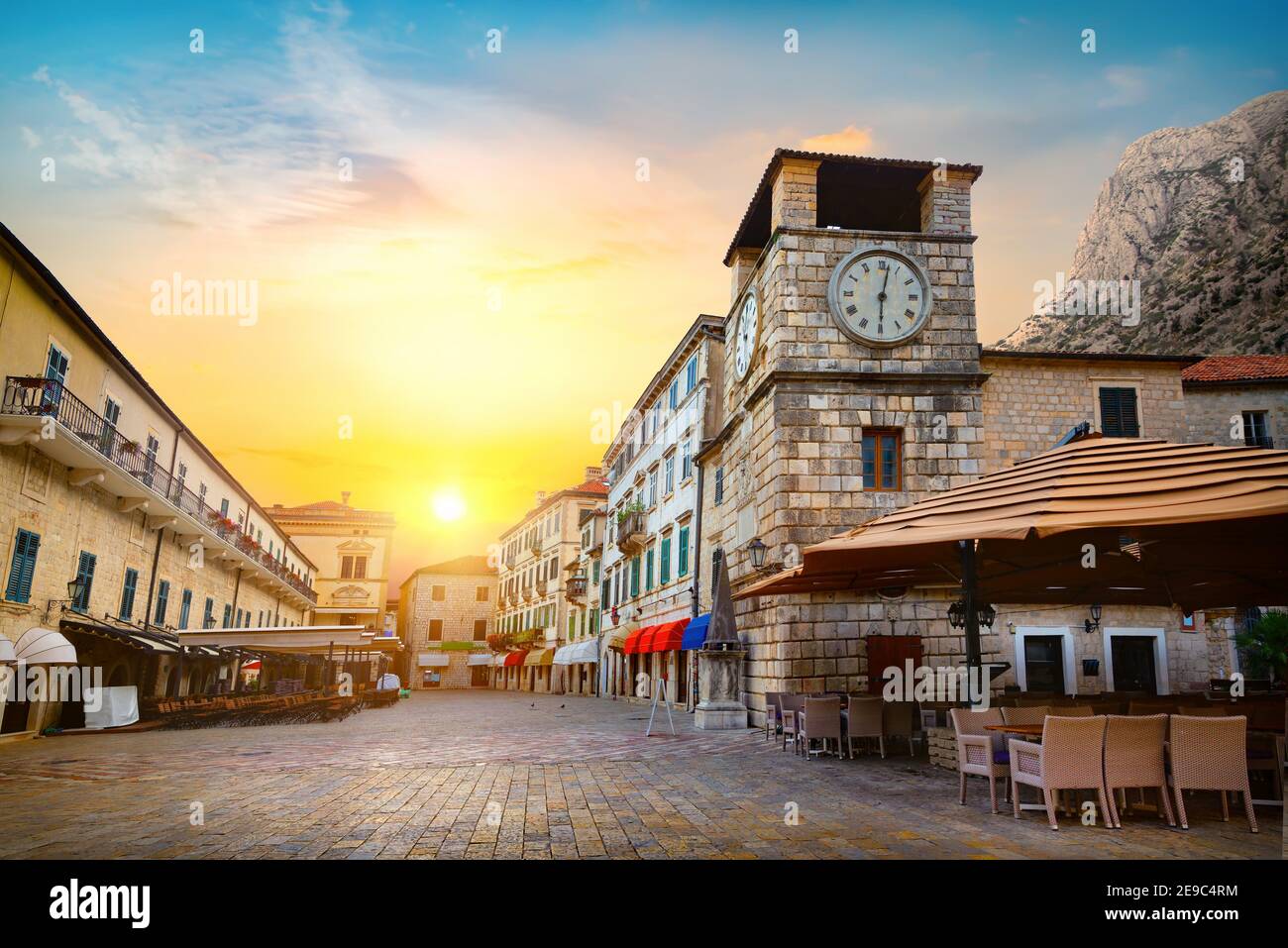 Clock Tower inside the old town of Kotor in Montenegro. Stock Photo