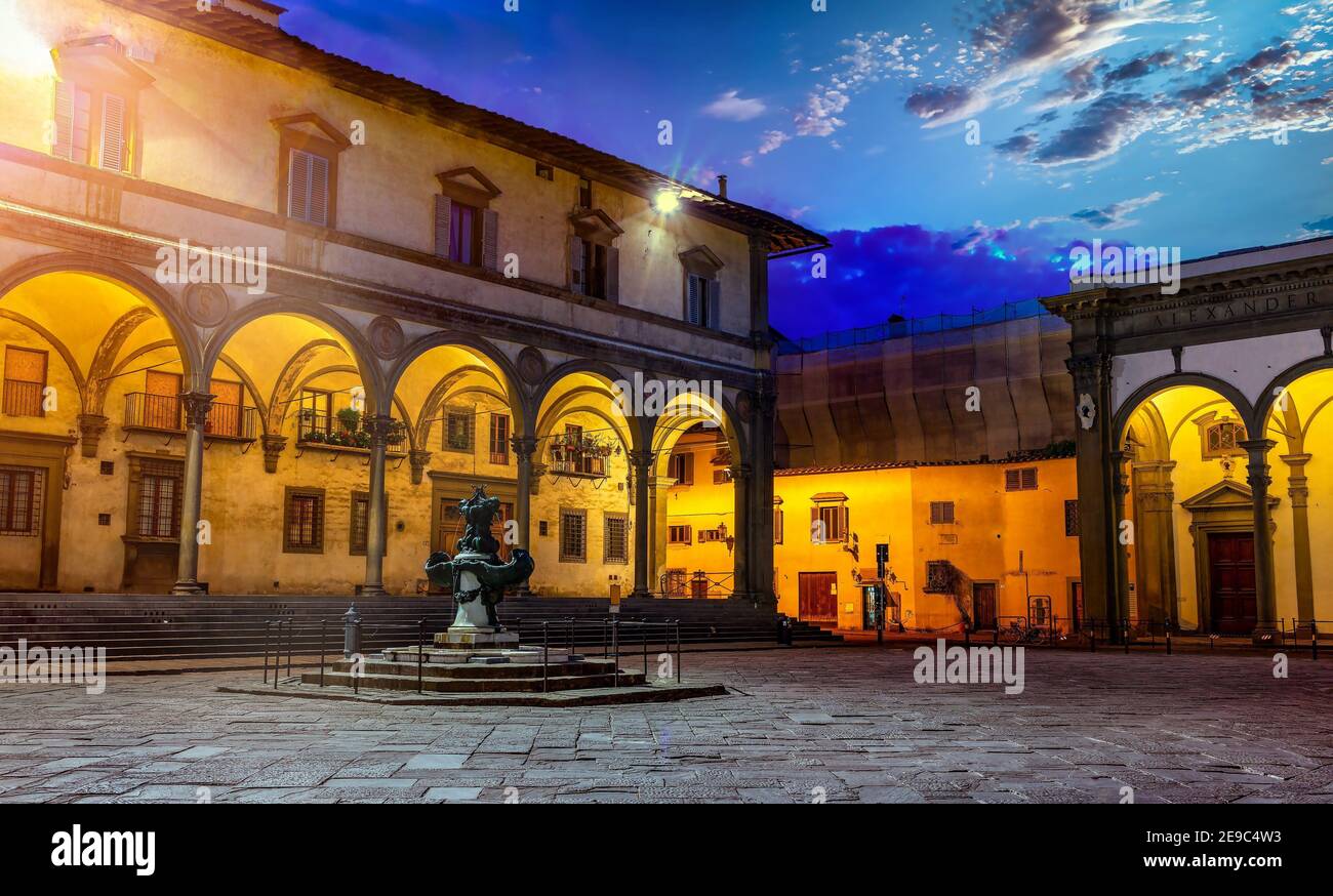 Piazza della Santissima Annunziata and statue of Ferdinando I de Medici in Florence. Stock Photo