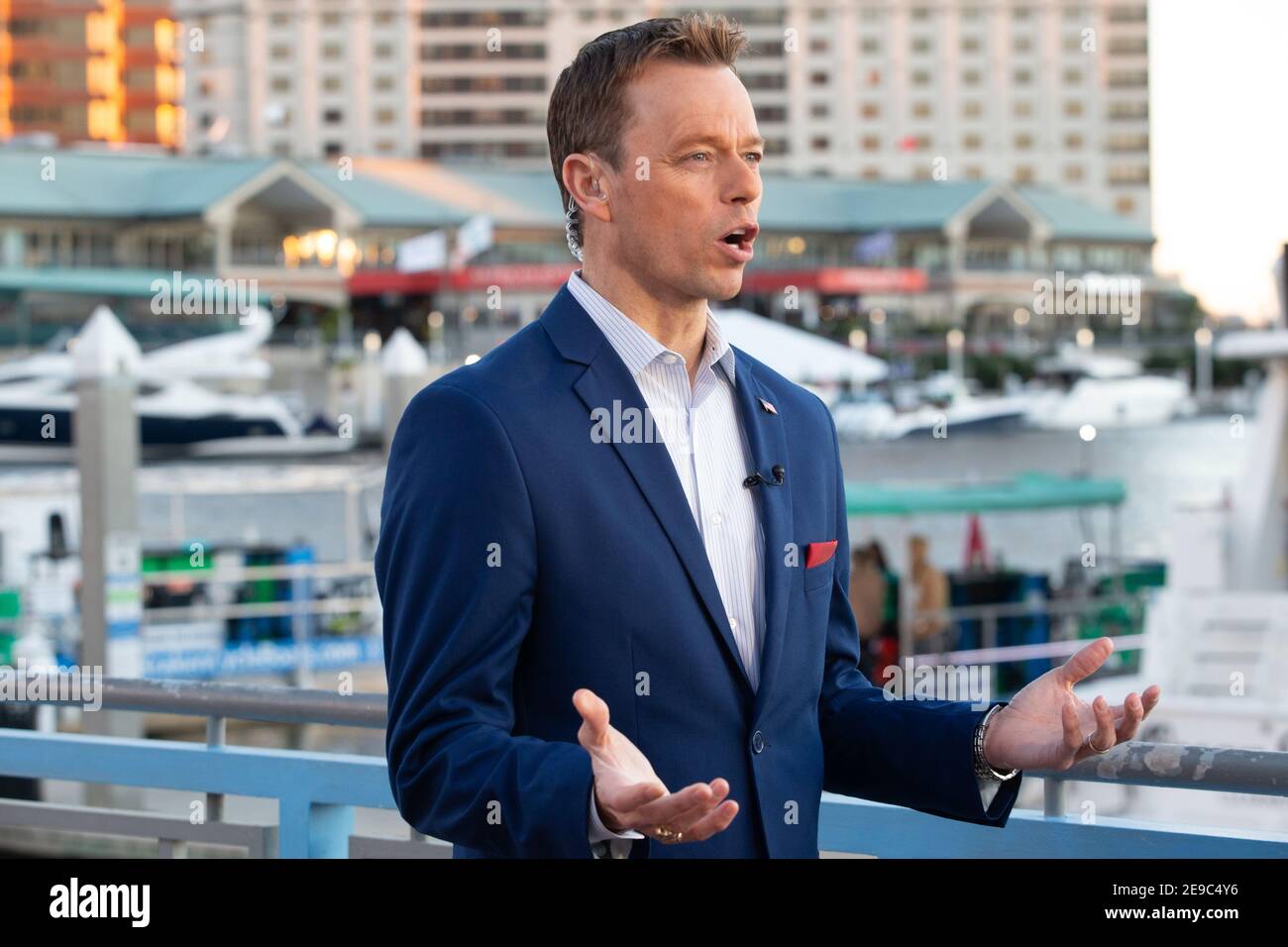 Wednesday, February 3, 2021; Tampa, FL, USA;  A general view of a news reporter at the Super Bowl Experience at Tampa Riverwalk.  The Tampa Bay Buccan Stock Photo