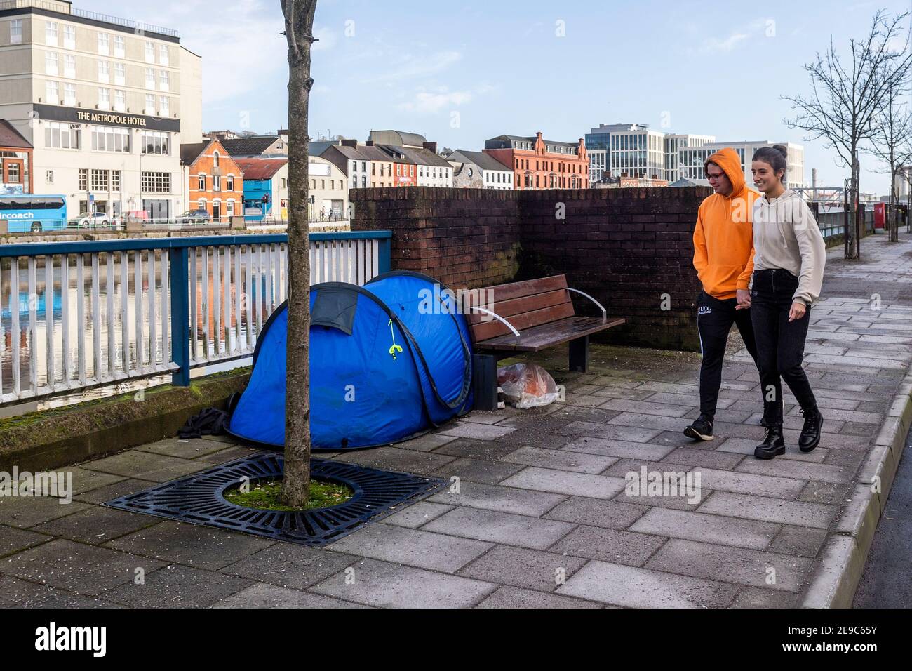 Cork, Ireland. 3rd Feb, 2021. A homeless person's tent sits on Merchants Quay in Cork City as the number of deaths of homeless people rise at an alarming rate. Credit: AG News/Alamy Live News Stock Photo