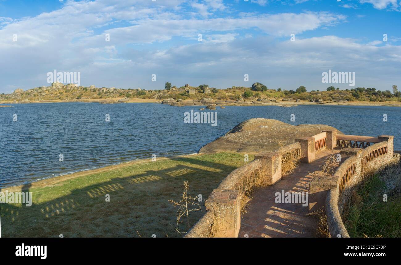 Old Wool washing building jetty. Los Barruecos Natural Monument, Caceres, Spain. Stock Photo
