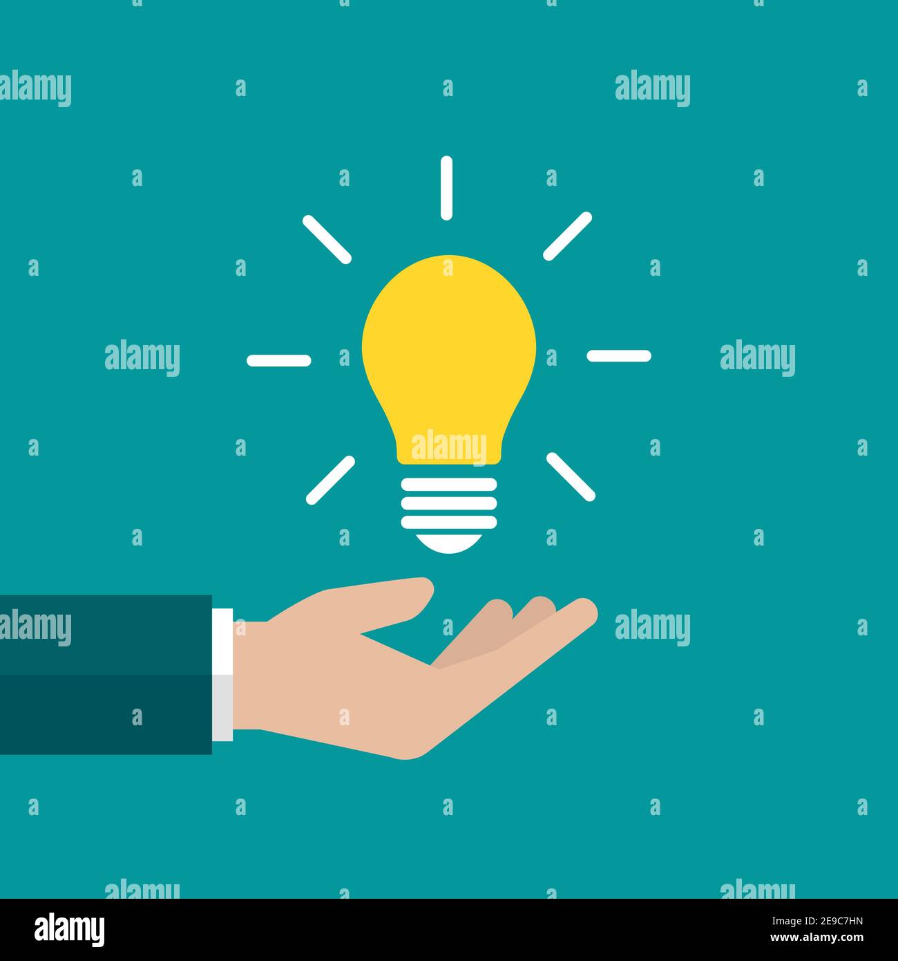 businessman hand with yellow shining bulb in hand. Vector flat illustration on blue. Give, receive, take, earn money. Financial success, salary, inves Stock Vector