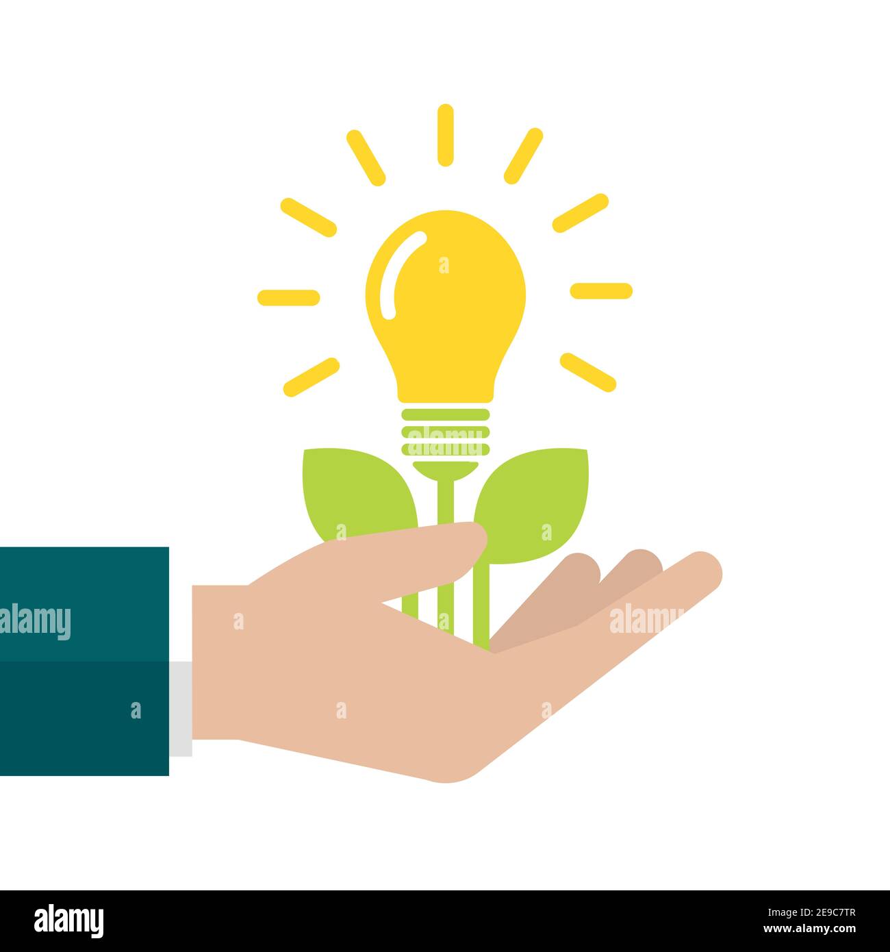 Plant in with green leaves and yellow shining bulb in hand. Vector flat illustration on blue. Give, receive, take, earn money. Financial success, sala Stock Vector