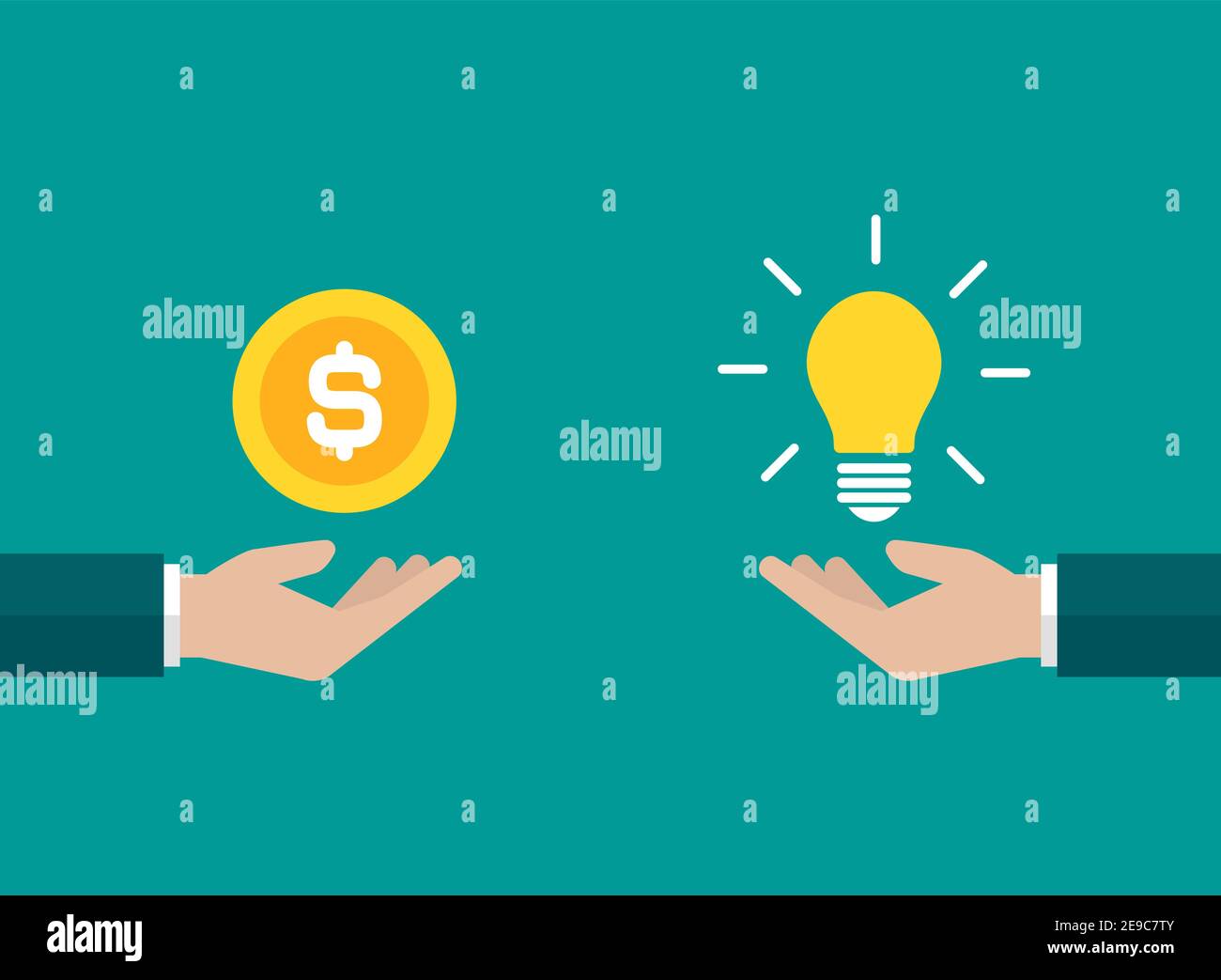 businessman hands with yellow shining bulb and money. Vector flat illustration on blue. Ideas exchange, buy. Financial success, salary, investment, di Stock Vector