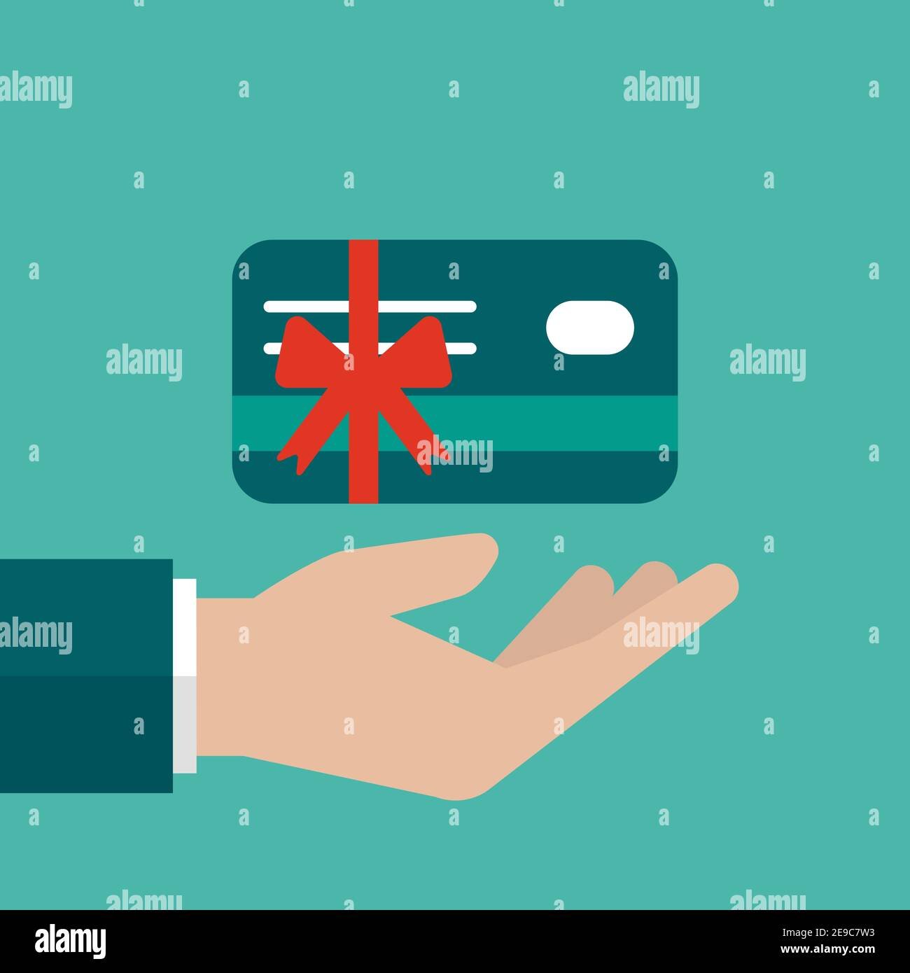 Hand with credit debit card with red bow and ribbon. Vector flat illustration on blue. Give, receive, take, earn money. Financial success, salary, inv Stock Vector