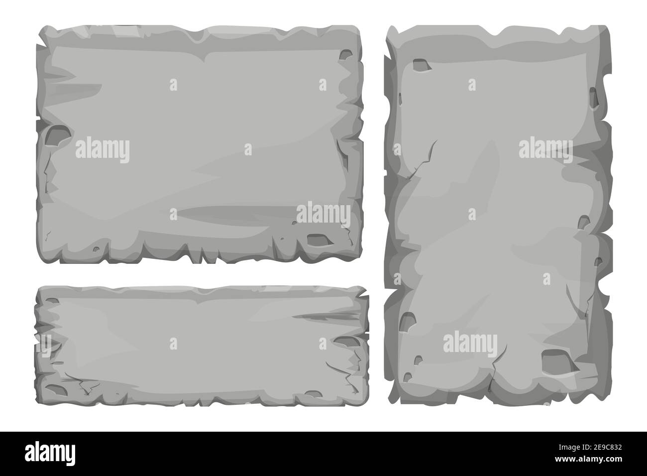 Set of Stone tablet, rock banner with cracked elements in cartoon style isolated on white background. Grey frame, block boulder for interface ui games Stock Vector