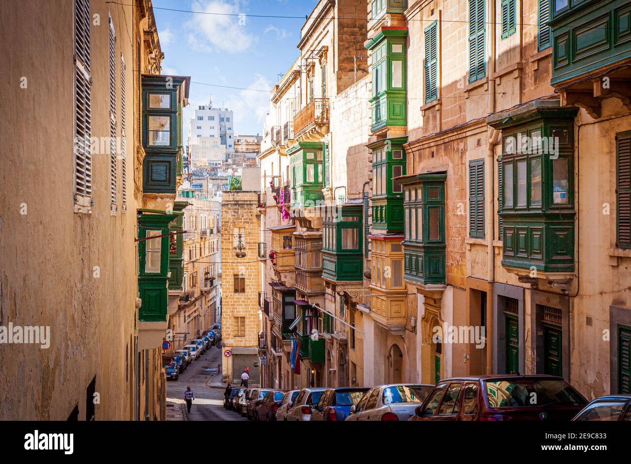 typical maltese street in valletta, malta, with balconies Stock Photo